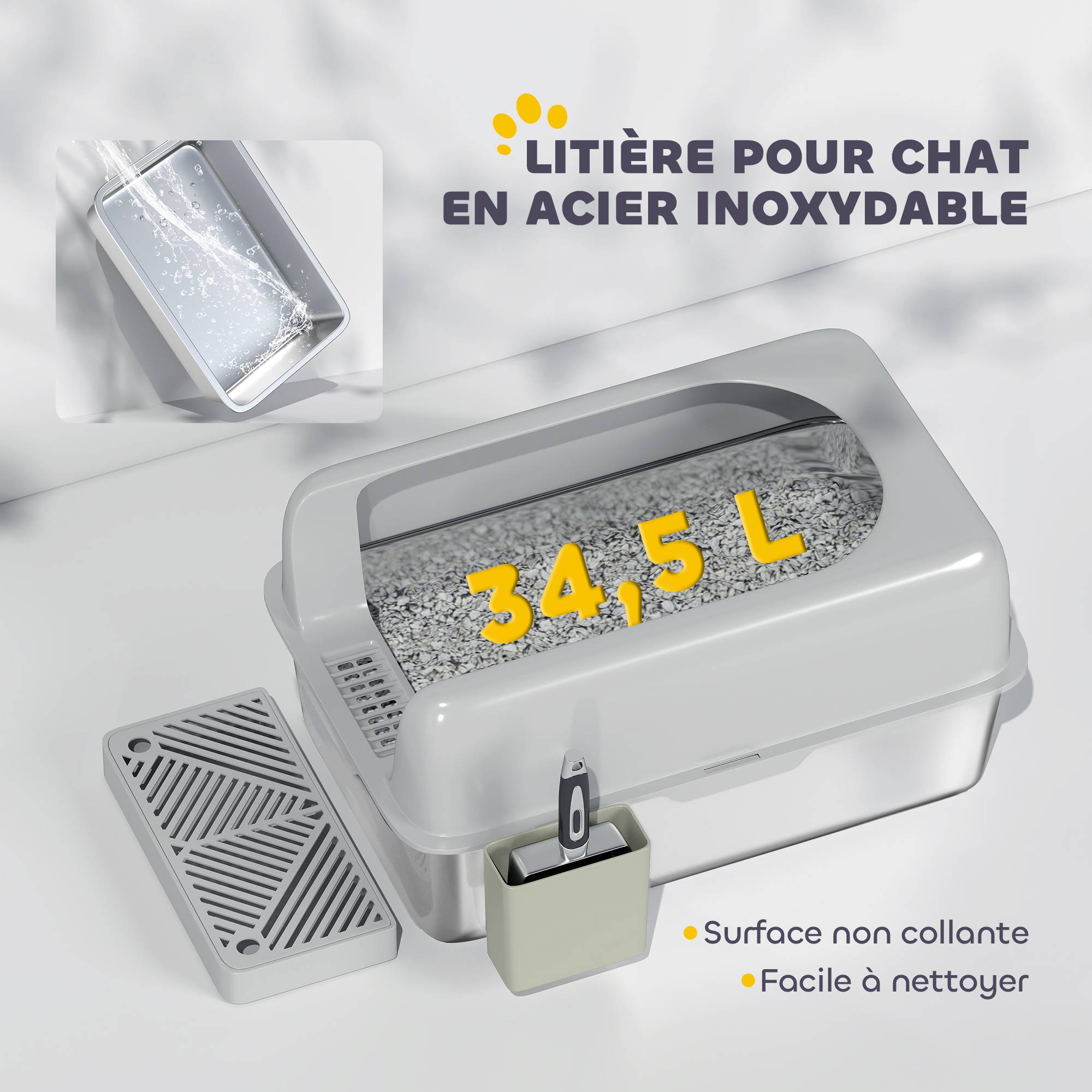 Bac à litière acier inoxydable gris 60.2 x 40.6 x 29 cm - PANGIVO - Image 7