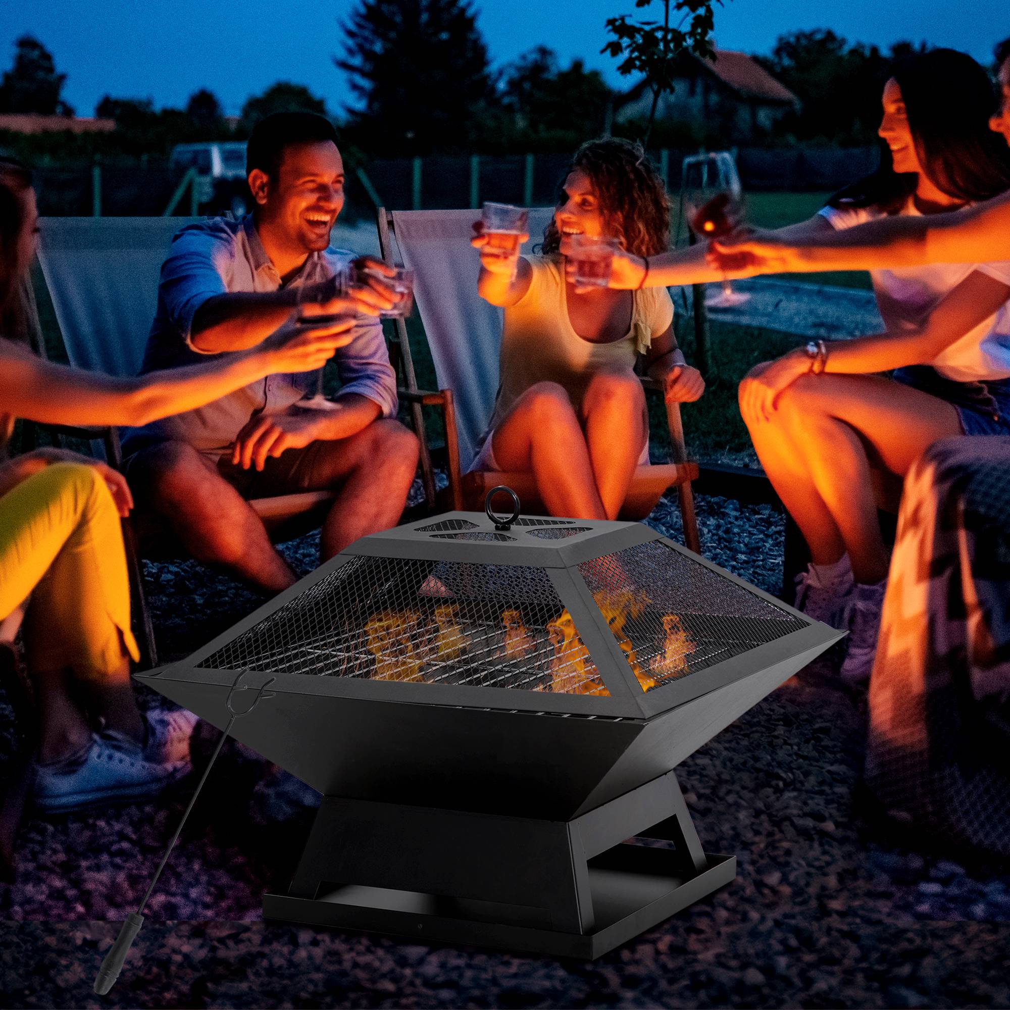Brasero avec tisonnier et pare-étincelles, table de feu ronde pour jardin, camping, barbecue, acier noir 81 x 81 x 50 cm - Image 3