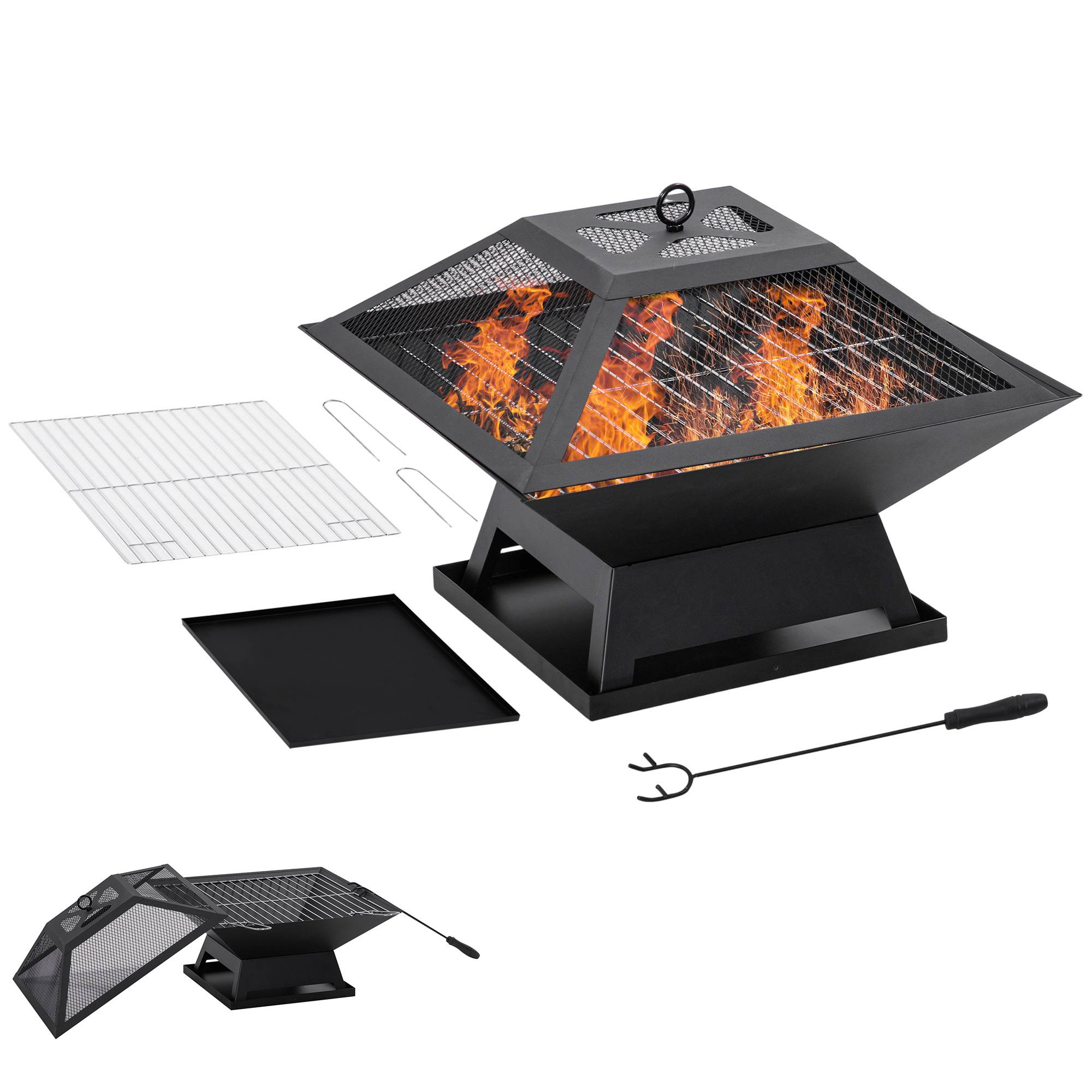 Brasero avec tisonnier et pare-étincelles, table de feu ronde pour jardin, camping, barbecue, acier noir 81 x 81 x 50 cm - Image 1