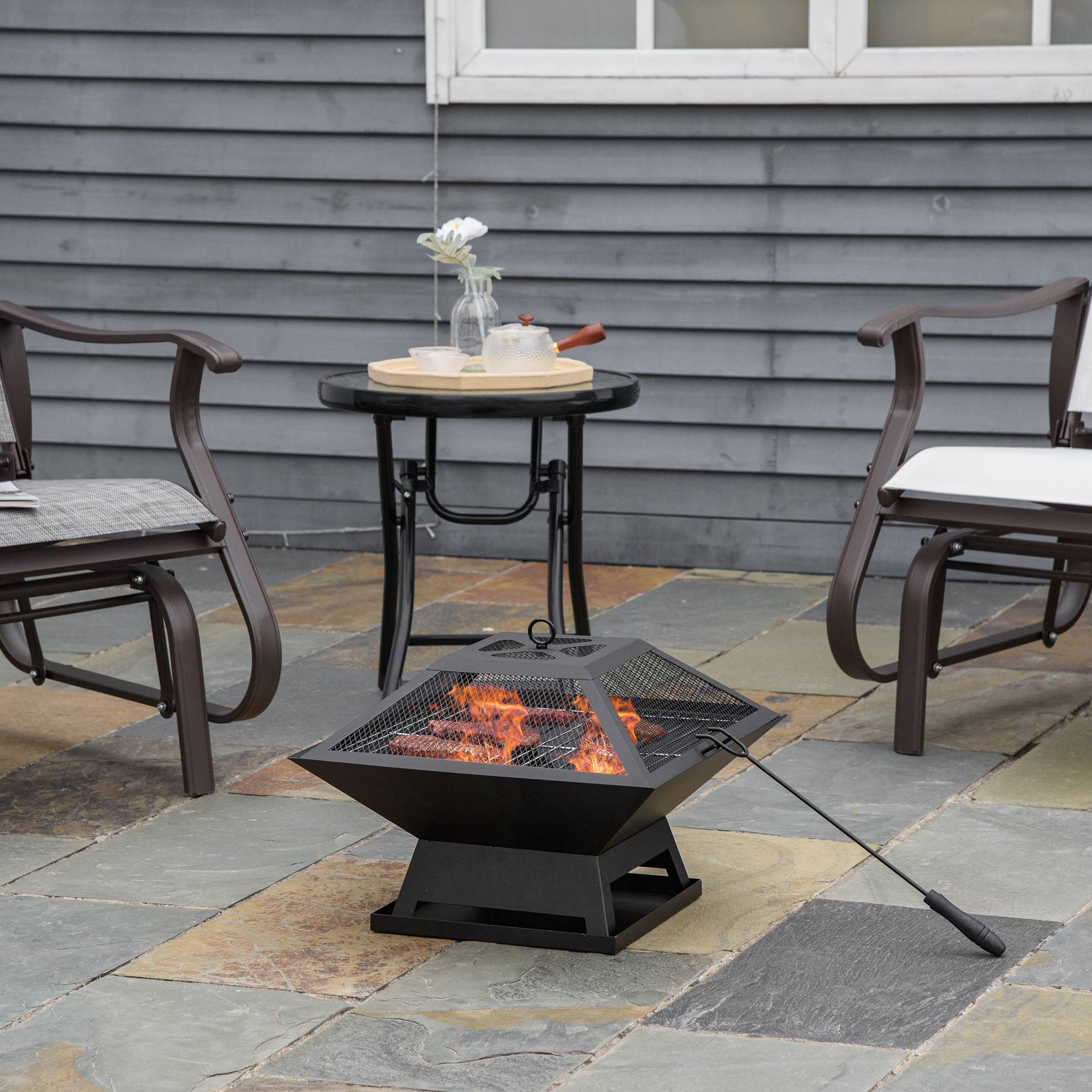 Brasero avec tisonnier et pare-étincelles, table de feu ronde pour jardin, camping, barbecue, acier noir 81 x 81 x 50 cm - Image 4