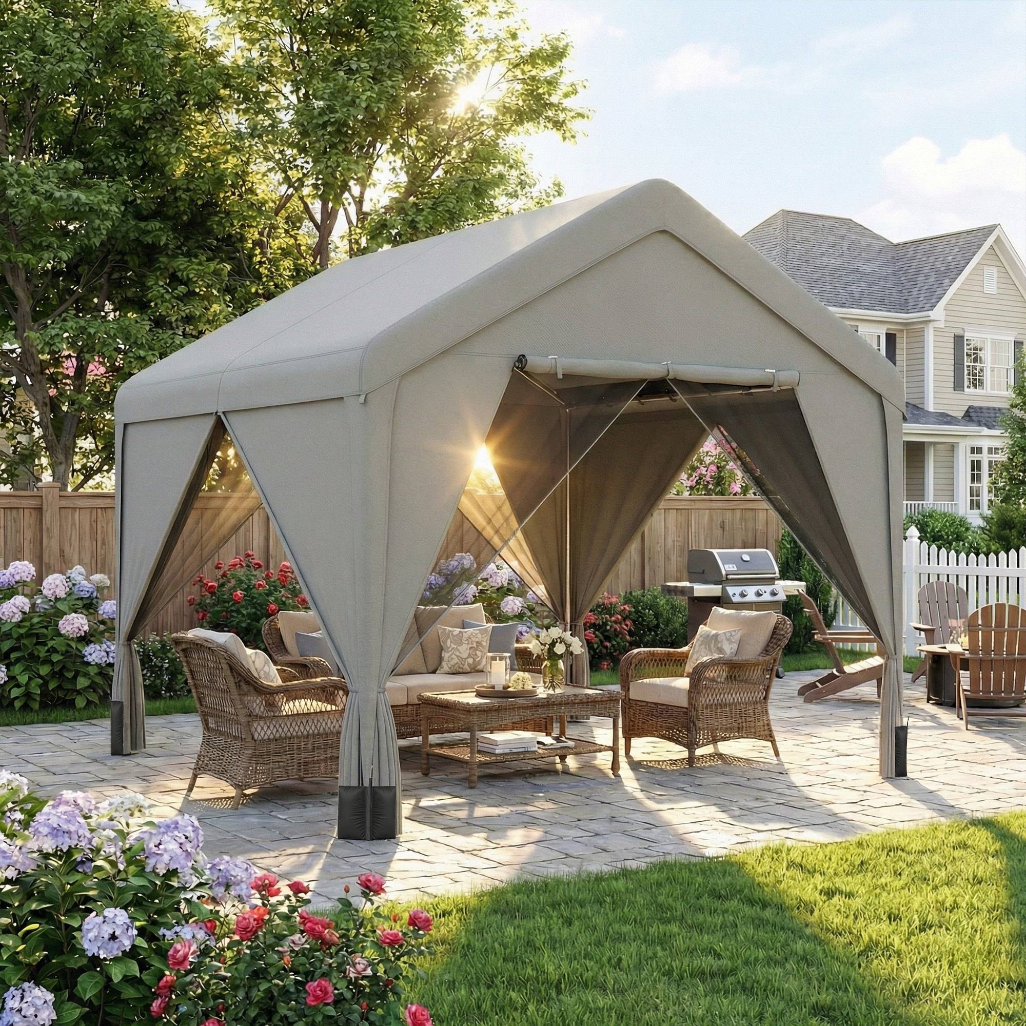 Tonnelle de jardin pavillon de jardin hydrofuge structure robuste en acier galvanisé avec toit double pente 3x3m gris - Image 4