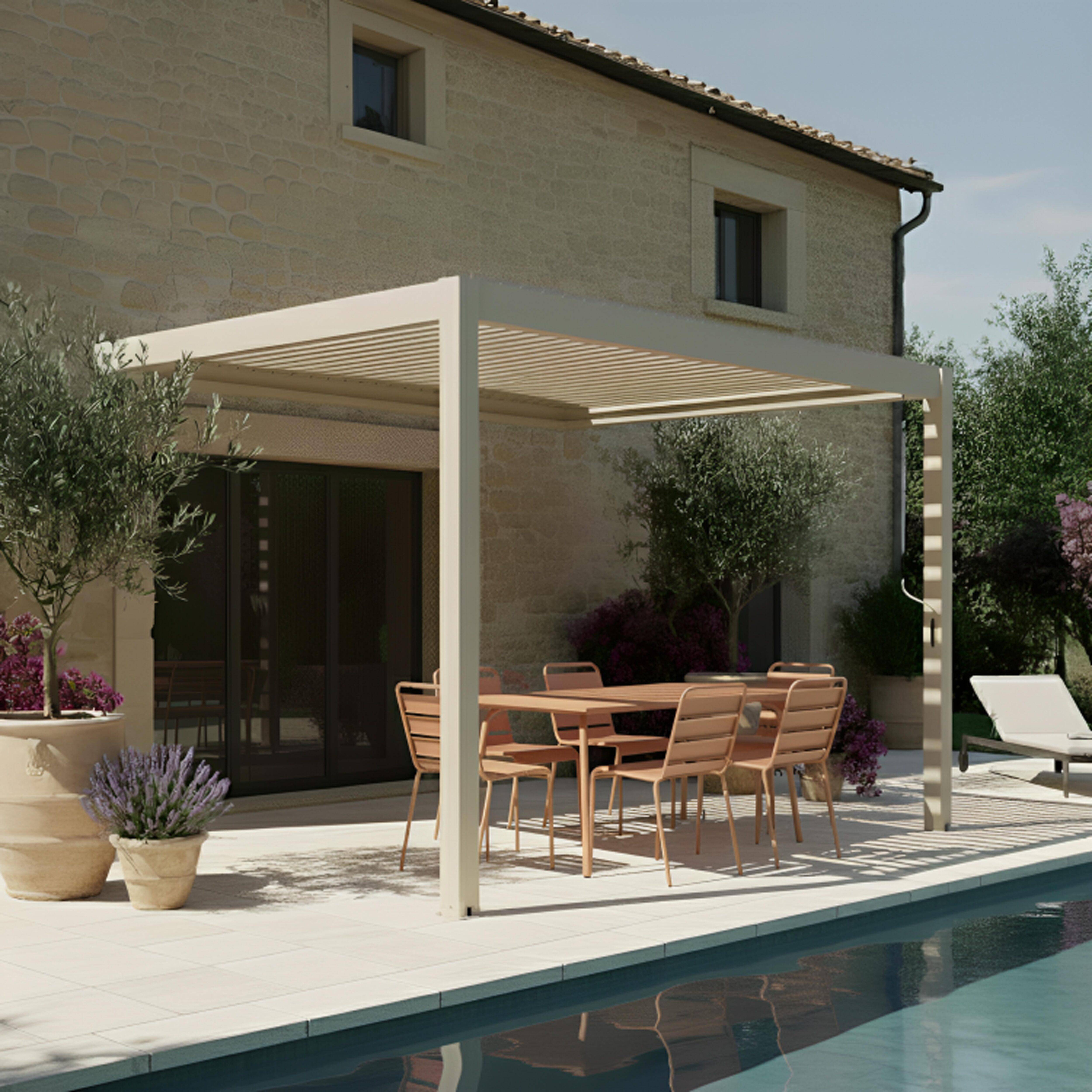 Oviala - Pergola bioclimatique adossée 3x4m en aluminium bois crème Oia - Oviala - Image 1
