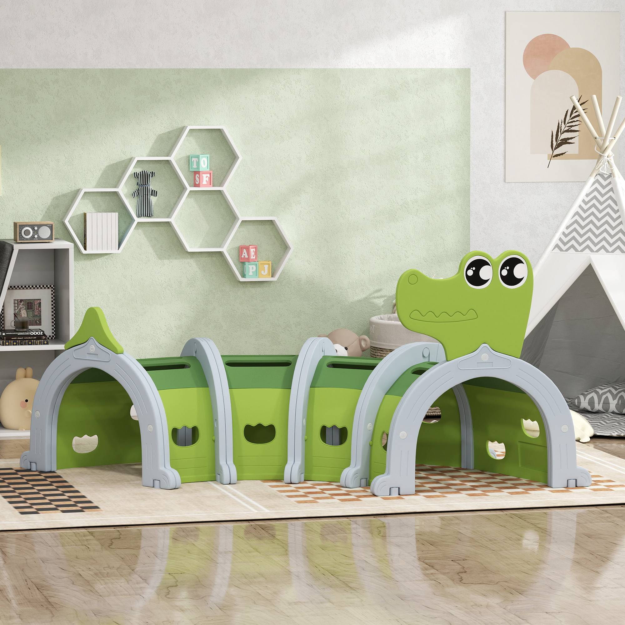 Tunnel enfant en forme de crocodile, modulable, tunnel de jeu pour enfants, enfants de 3 à 6 ans ramper et grimper, vert - Image 3
