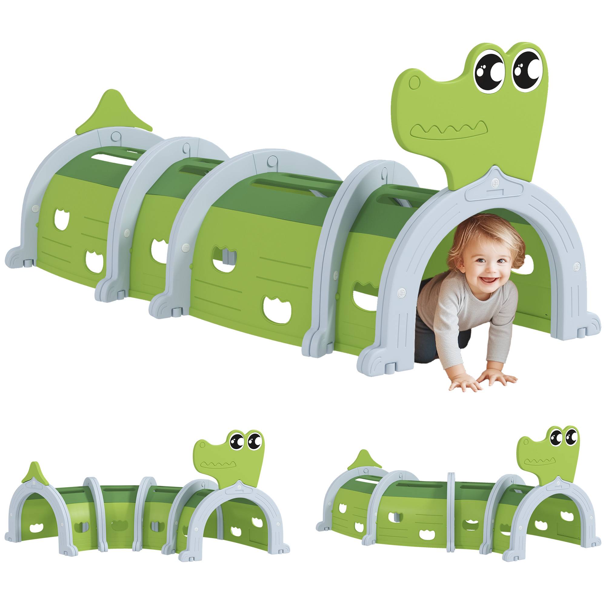 Tunnel enfant en forme de crocodile, modulable, tunnel de jeu pour enfants, enfants de 3 à 6 ans ramper et grimper, vert - Image 1