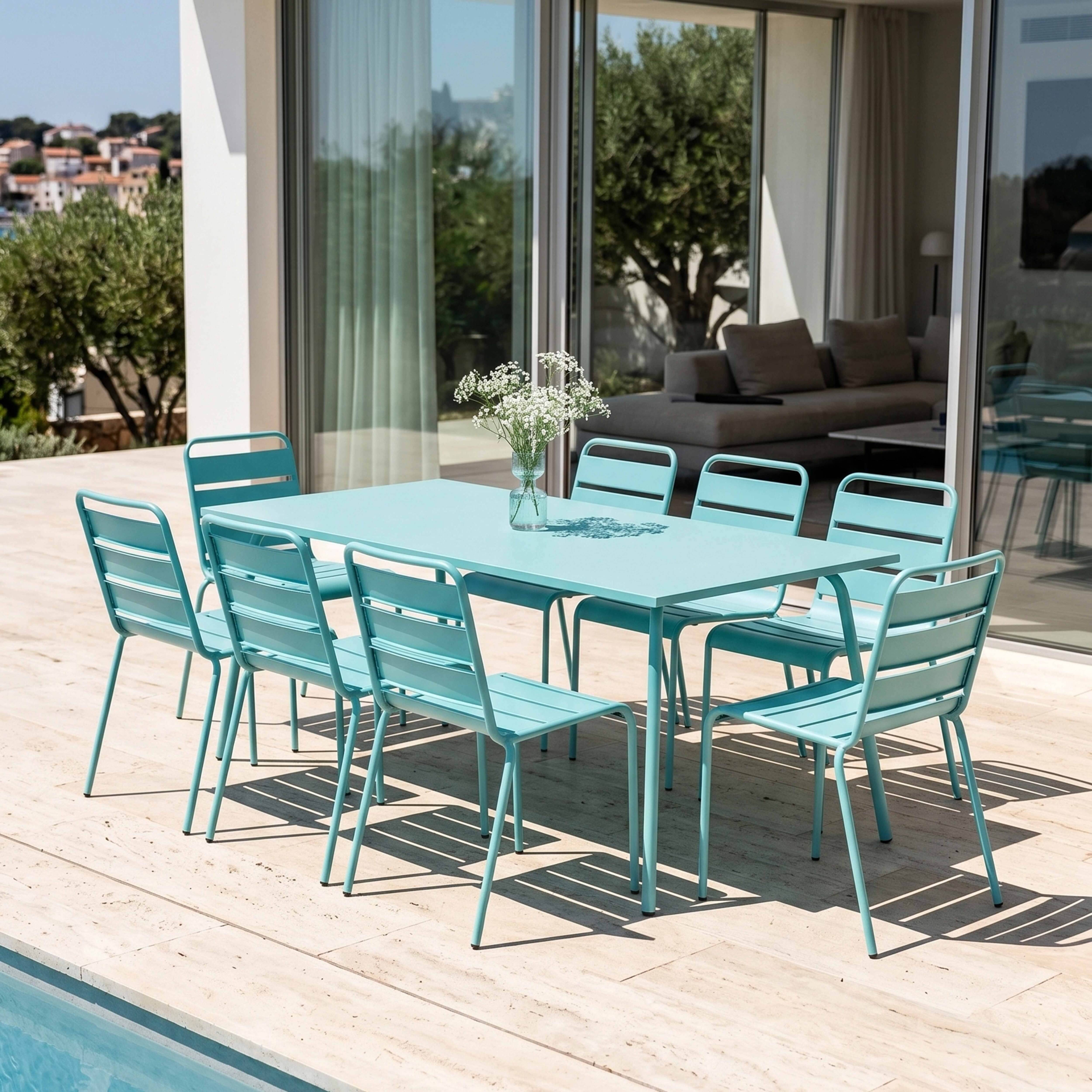 Oviala - Ensemble table de jardin et 8 chaises en métal turquoise Palavas - Oviala - Image 2