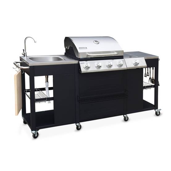 sweeek - Barbecue. cuisine extérieure gaz - D'Artagnan - Barbecue 5 brûleurs dont 1 feu latéral. inox et noir. évier. planche à découper bois. | sweeek - Image 2
