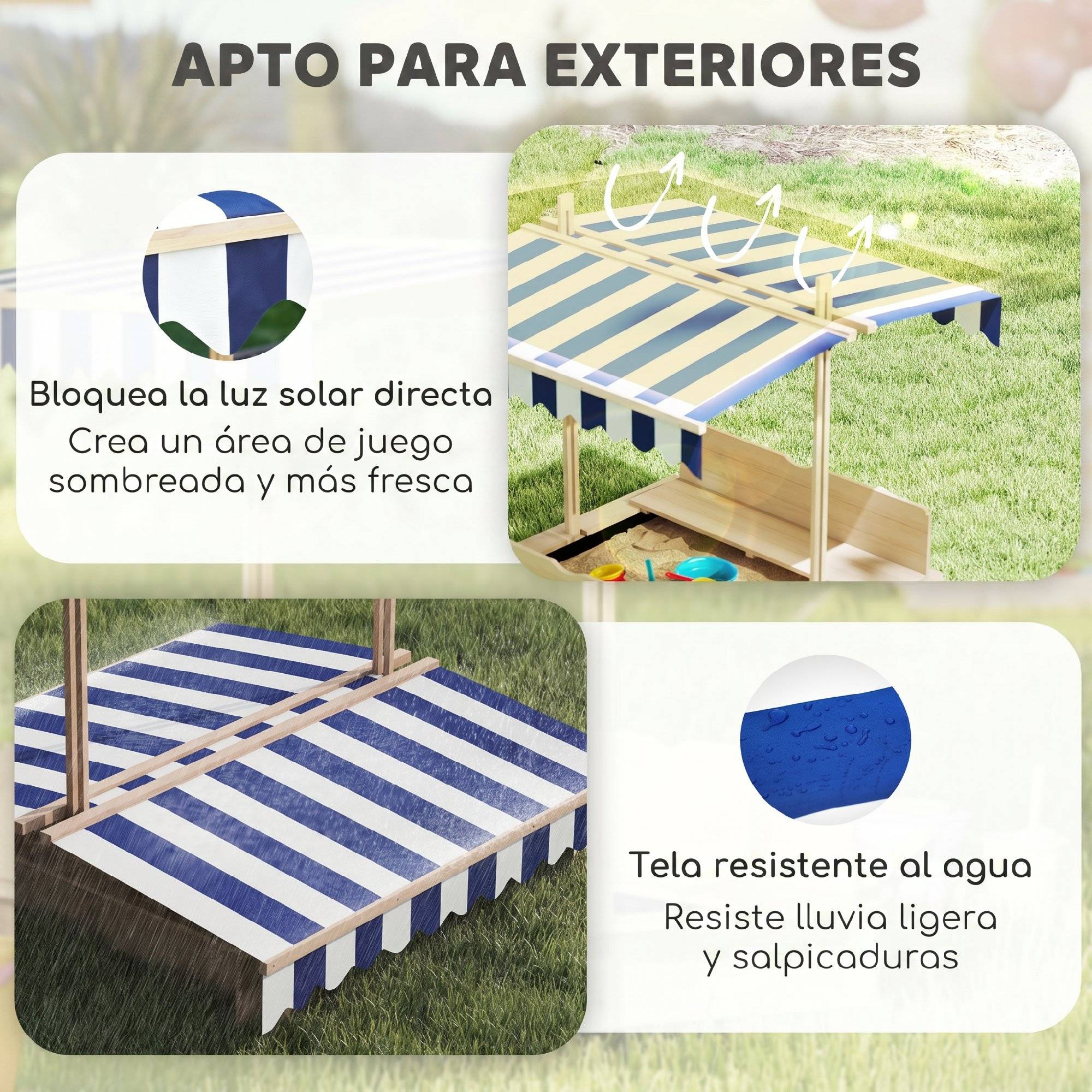 Bac à sable en bois naturel auvent modulable 2 bancs dossiers amovibles 106 × 106 × 115 cm terrasse et jardin - Image 7