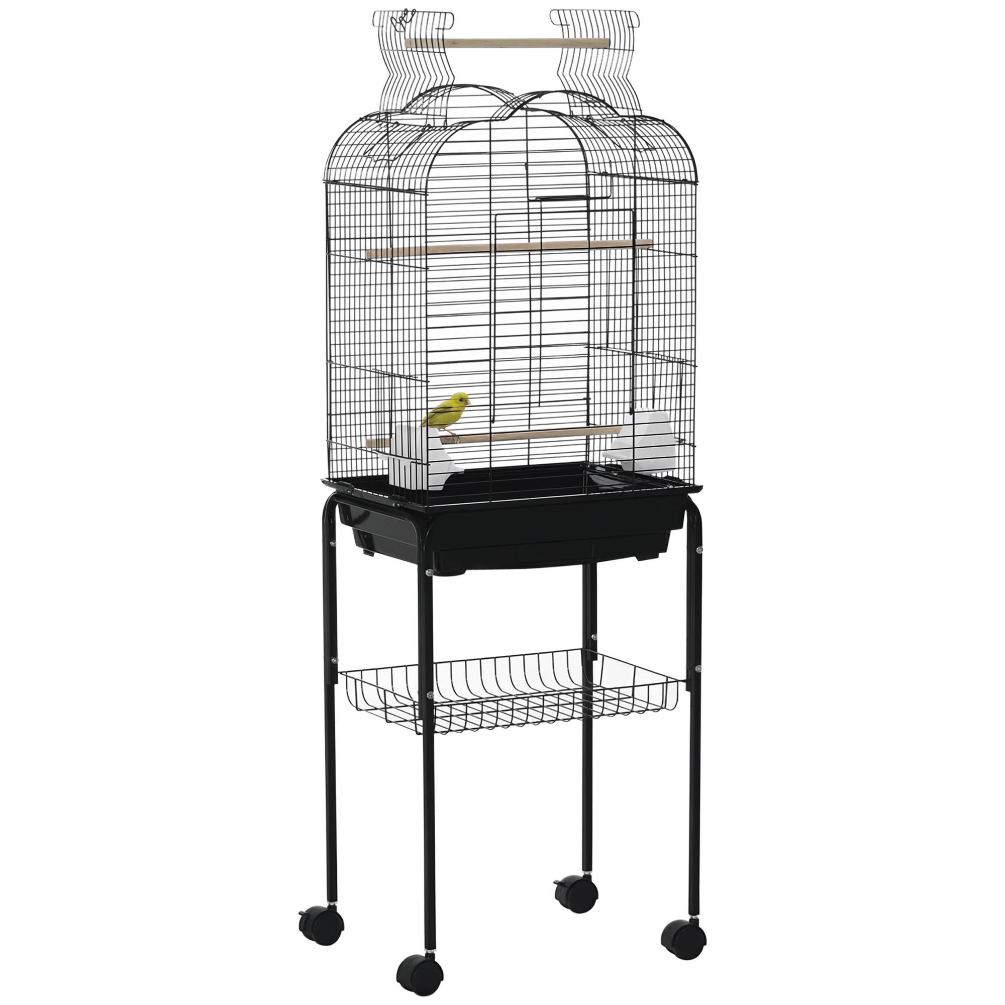 Sans Marque - Cage à oiseaux volière pour oiseaux sur roulettes avec toit ouvrant 3 perchoirs étagère inférieure 46 x 36 x 130 cm noir - Image 1
