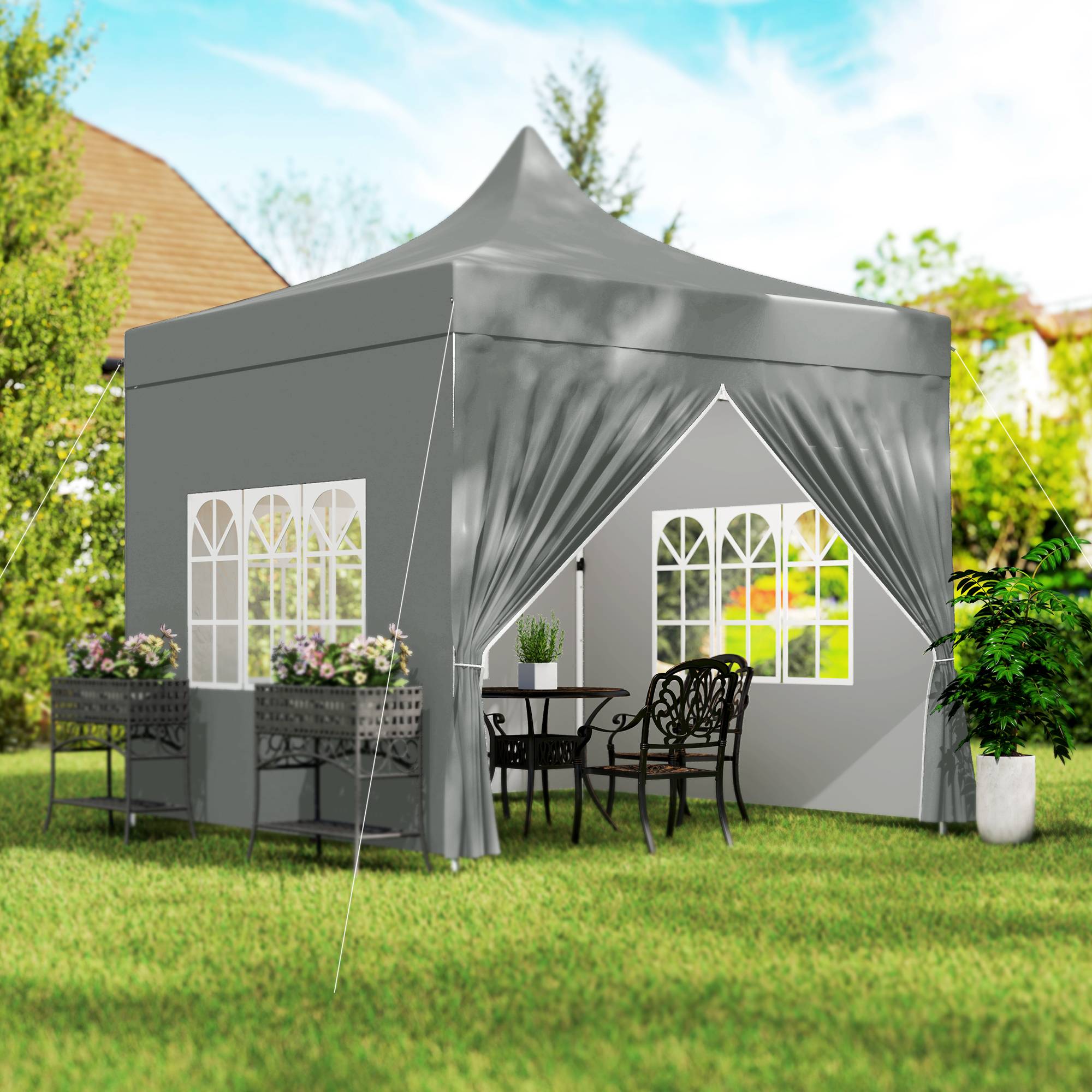 Maison Chic - Tonnelle de jardin tente pliante 3 x 3 m parois latérales amovibles 3 fenêtres Tissu Oxford Gris fr548 - Image 4