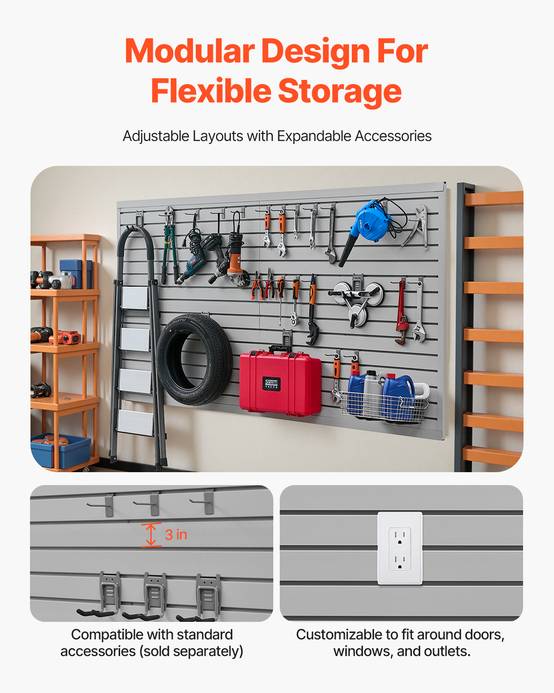 VEVOR Panneau mural garage 1225x2450 mm, PVC, gris, avec crochets. - Image 4