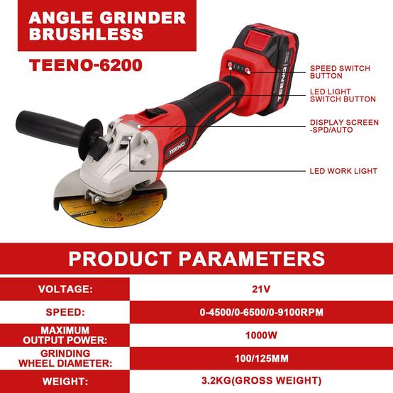 Meuleuse d'angle sans fil, Meuleuse d'angle 21V 1000W avec 2 Batteries 4.0Ah, 9100RPM Moteur Brushless, Disques de Coupe 125mm, Disque à Lamelles Pour - Image 2