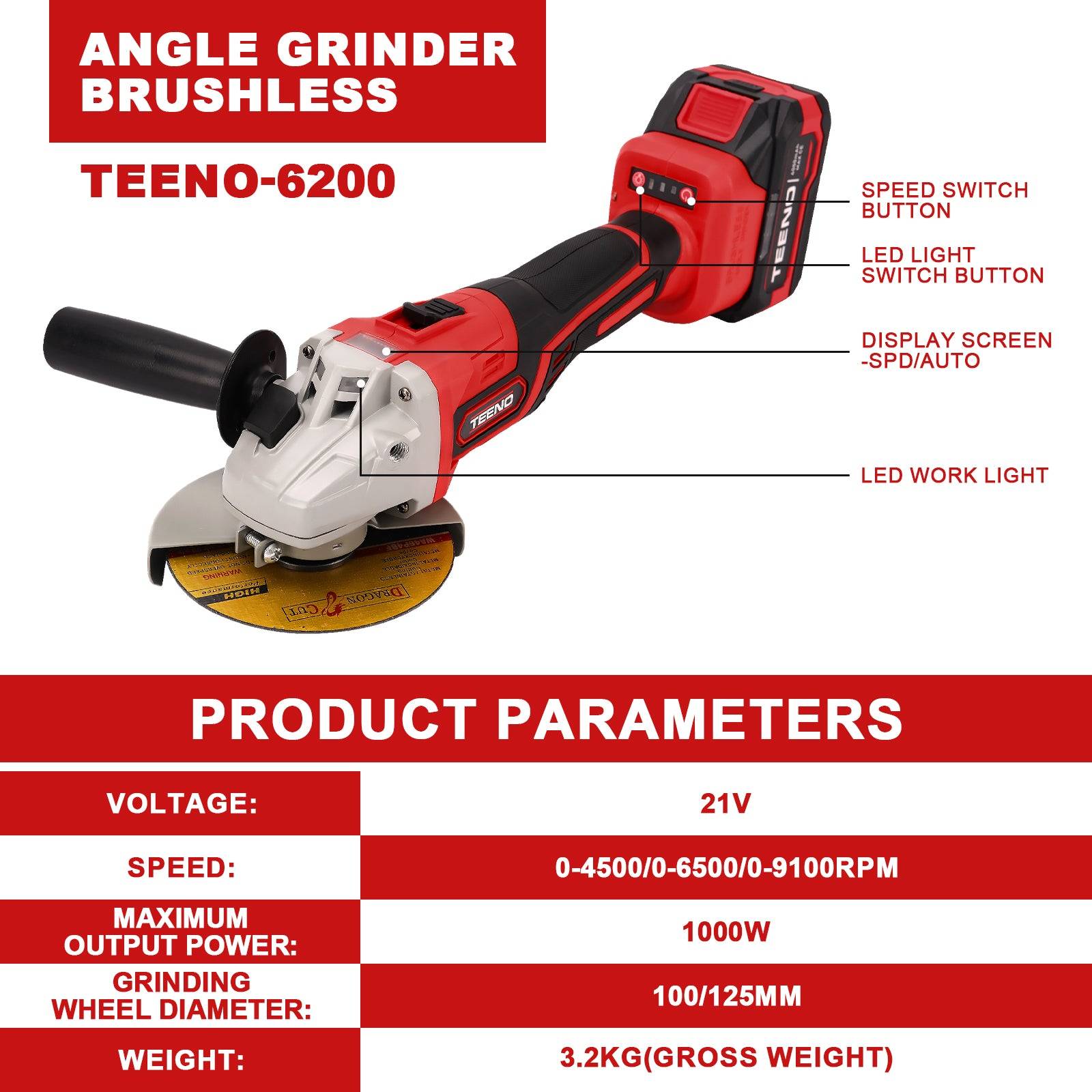 Meuleuse d'angle sans fil, Meuleuse d'angle 21V 1000W avec 2 Batteries 4.0Ah, 9100RPM Moteur Brushless, Disques de Coupe 125mm, Disque à Lamelles Pour - Image 2
