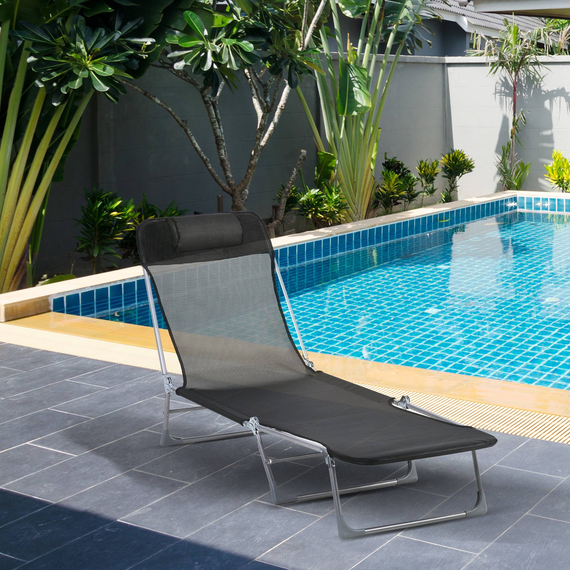 Chaise longue jardin pliante dossier inclinable coussin métal textilène 182x56x28 cm noire, transat extérieur - Image 4