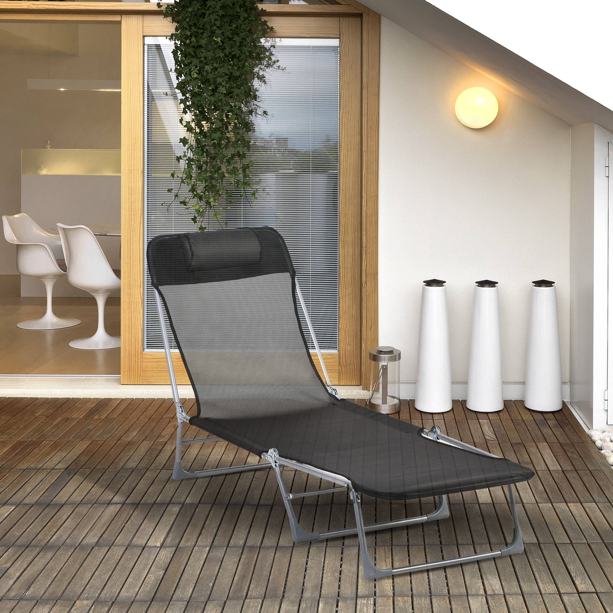 Chaise longue jardin pliante dossier inclinable coussin métal textilène 182x56x28 cm noire, transat extérieur - Image 3