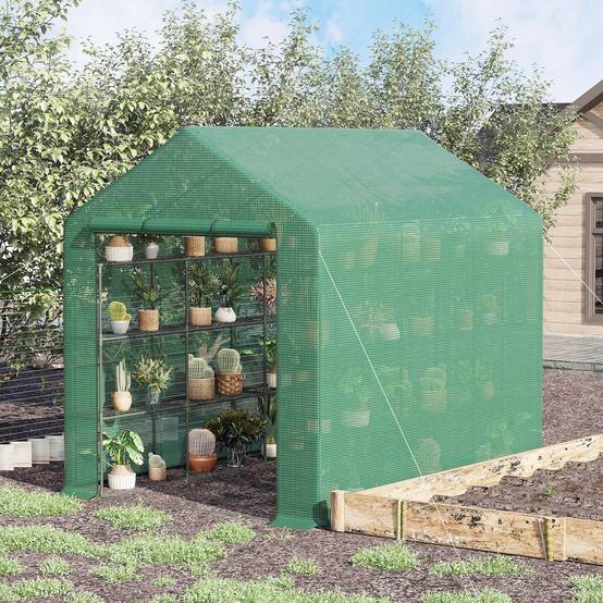 Serre de Jardin Tunnel Acier 8 Étagères Hivernage Tomates 244x180x210cm Vert - ComfortXL Outdoor Living - Image 1