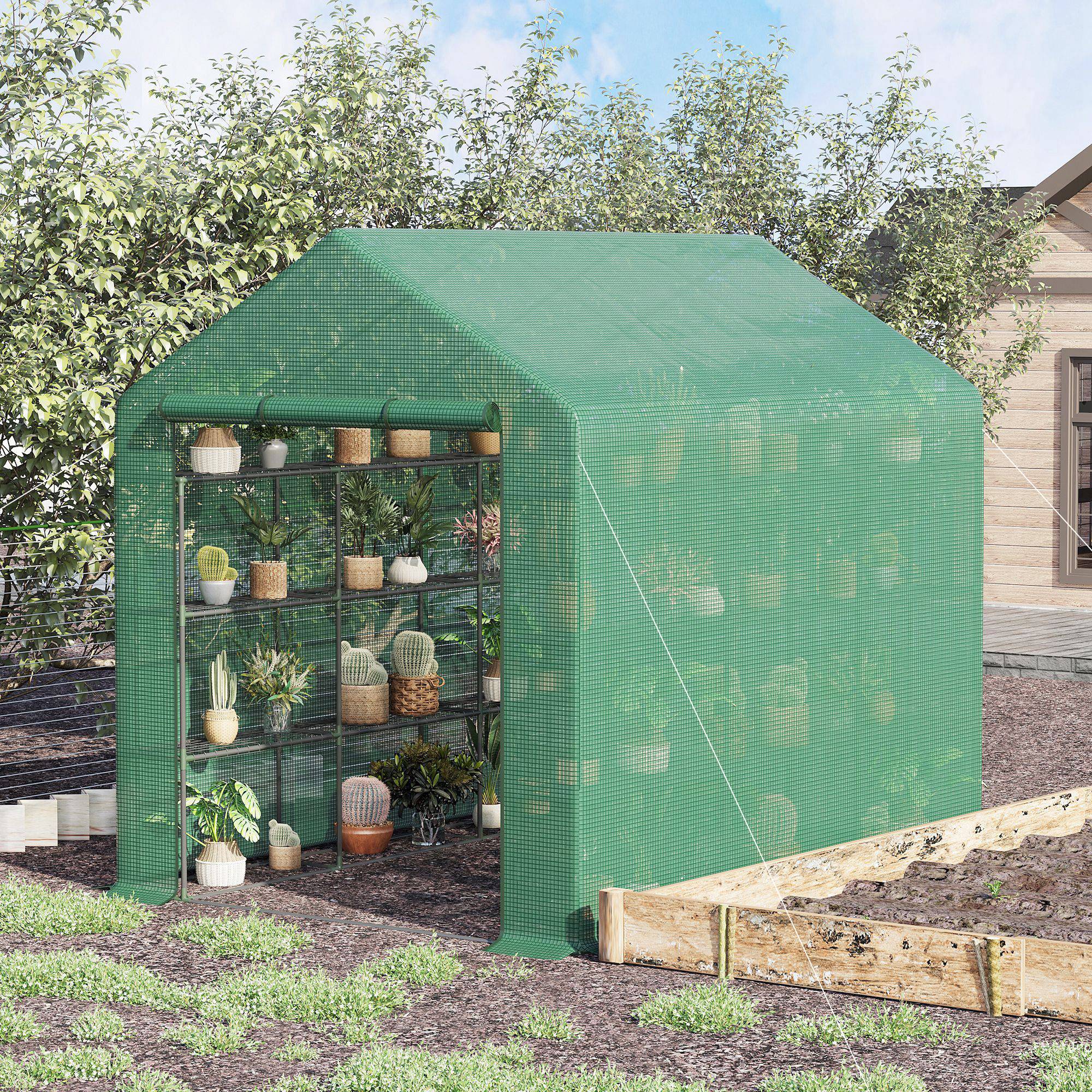Serre de Jardin Tunnel Acier 8 Étagères Hivernage Tomates 244x180x210cm Vert - ComfortXL Outdoor Living - Image 1