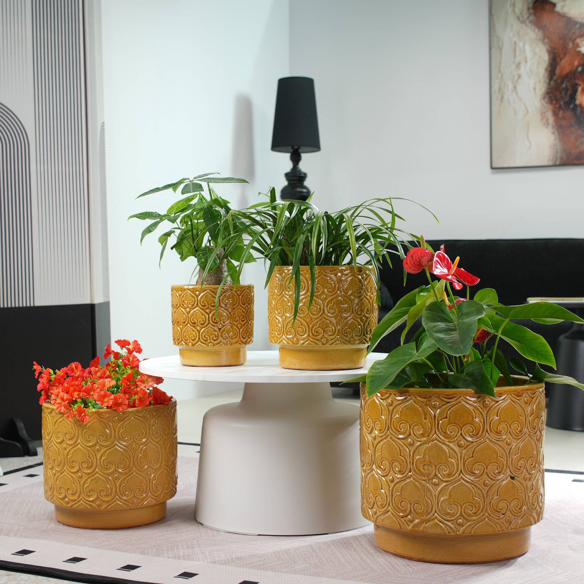 ComfortXL - Pot de fleurs céramique Ø38 cm jaune brillant intérieur extérieur drainage - ComfortXL Outdoor Living - Image 5
