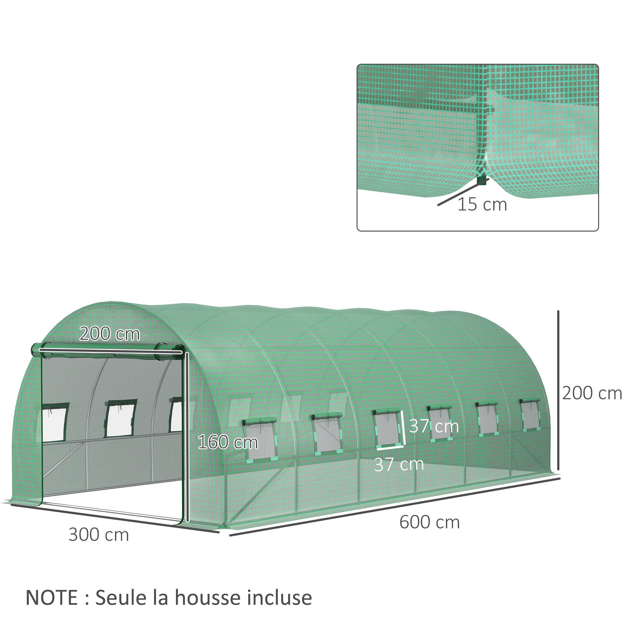 Bâche de Rechange Serre Tunnel 18 m², bâche 6 x 3 x 2 m PE Anti-UV imperméable 12 fenêtres + Porte Enroulable zippée vert - Image 5