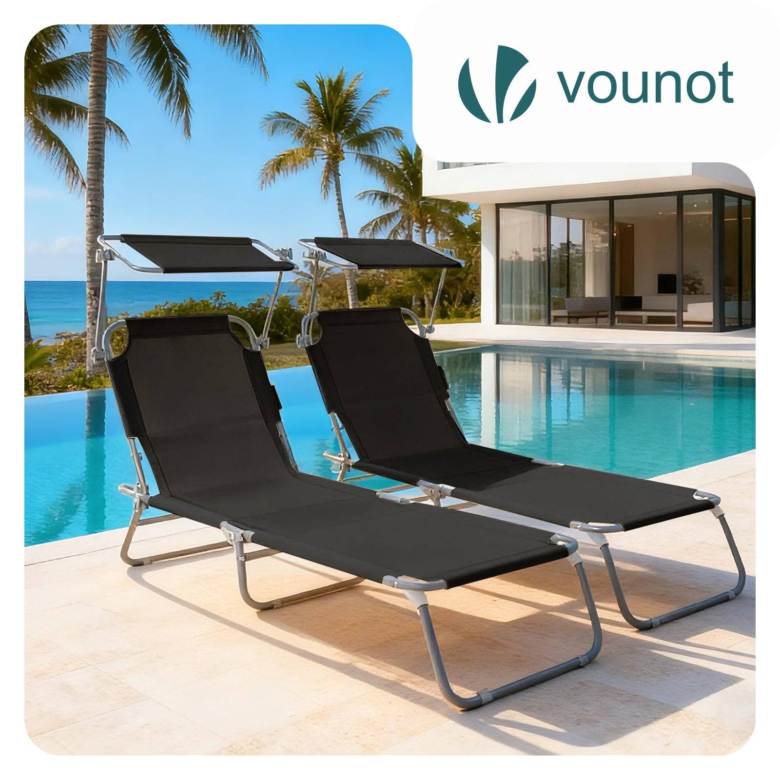 Lot de 2 Chaise longue pliante avec pare soleil - Transat 4 positions - Bain de soleil portable en polyester - Noir - VOUNOT® - Image 2