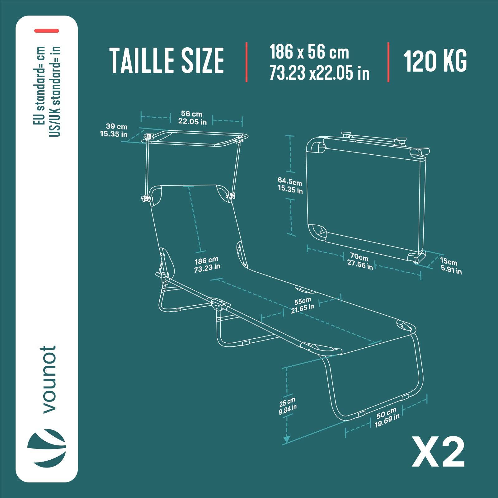 Lot de 2 Chaise longue pliante avec pare soleil - Transat 4 positions - Bain de soleil portable en polyester - Noir - VOUNOT® - Image 3
