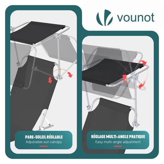Lot de 2 Chaise longue pliante avec pare soleil - Transat 4 positions - Bain de soleil portable en polyester - Noir - VOUNOT® - Image 5
