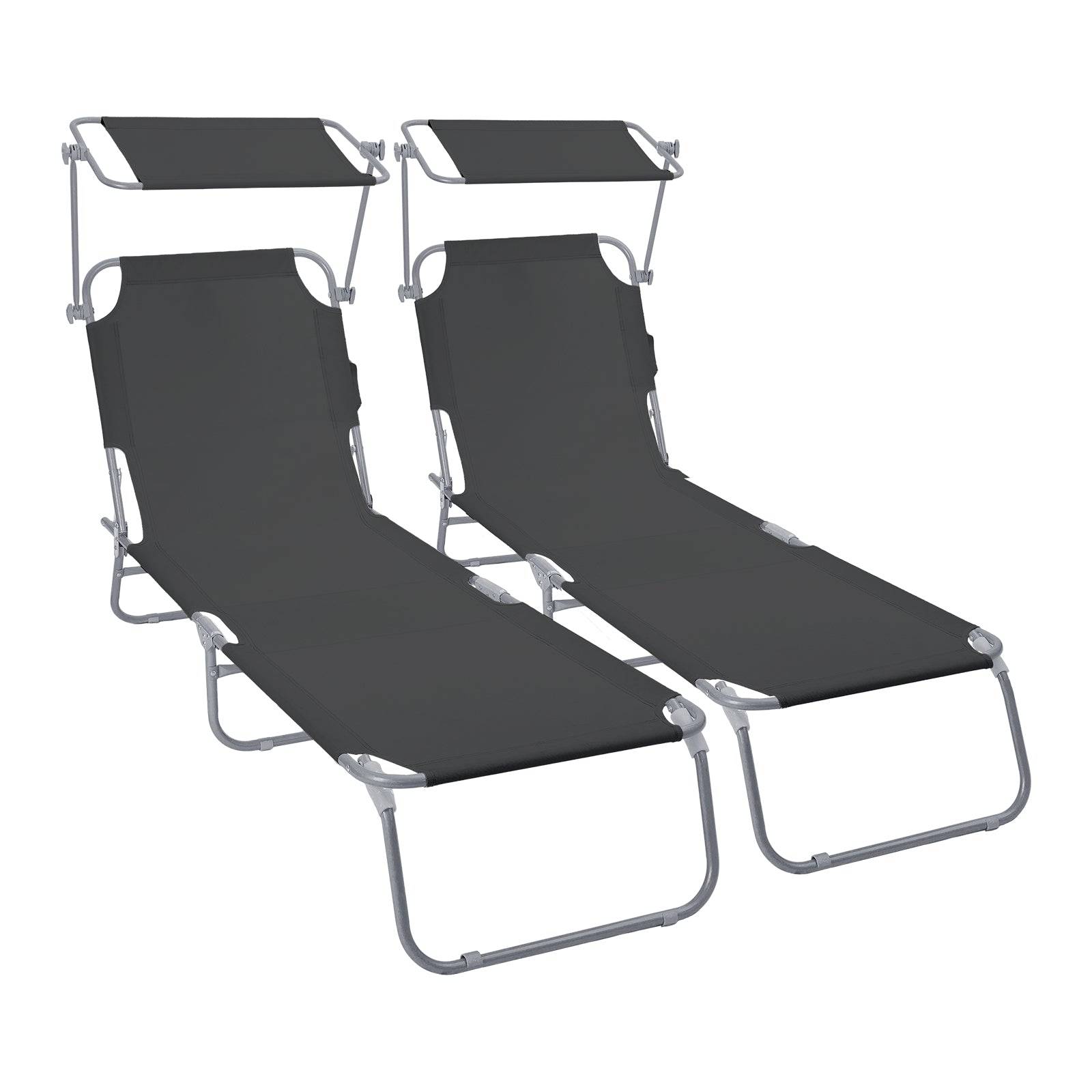 Lot de 2 Chaise longue pliante avec pare soleil - Transat 4 positions - Bain de soleil portable en polyester - Noir - VOUNOT® - Image 1