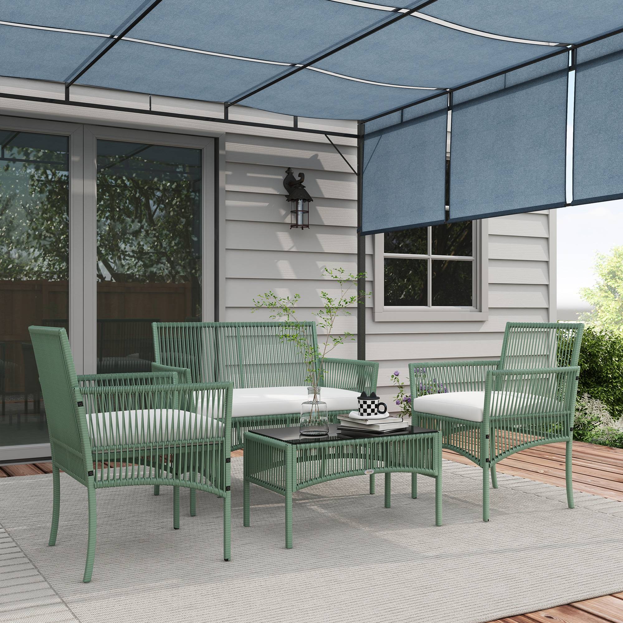 Outsunny - Ensemble salon de jardin 4 pièces (canapé 2 places, 2 fauteuils, table basse plateau verre trempé) métal et rotin PE noir avec 3 coussins - Outsunny - Image 4