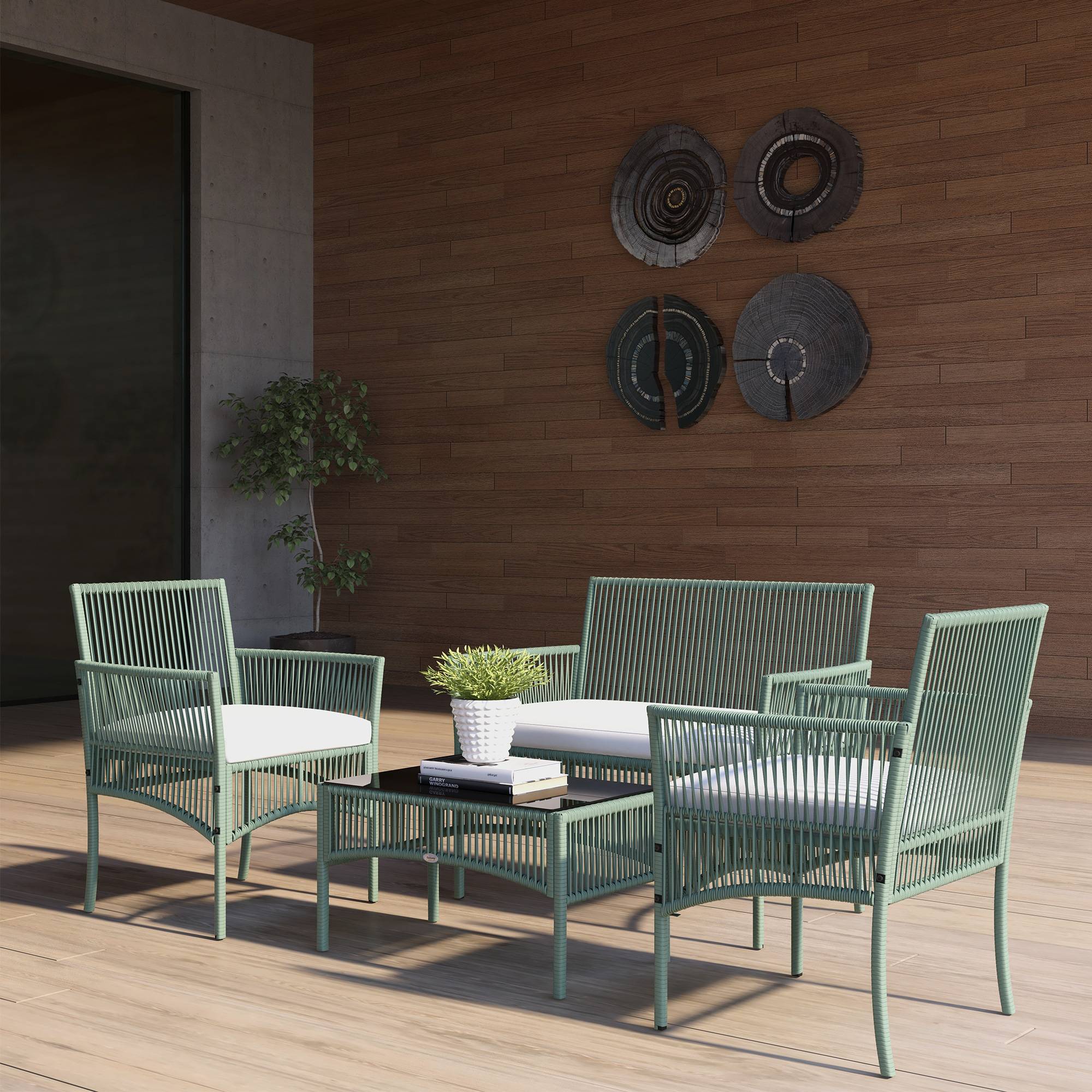 Outsunny - Ensemble salon de jardin 4 pièces (canapé 2 places, 2 fauteuils, table basse plateau verre trempé) métal et rotin PE noir avec 3 coussins - Outsunny - Image 2