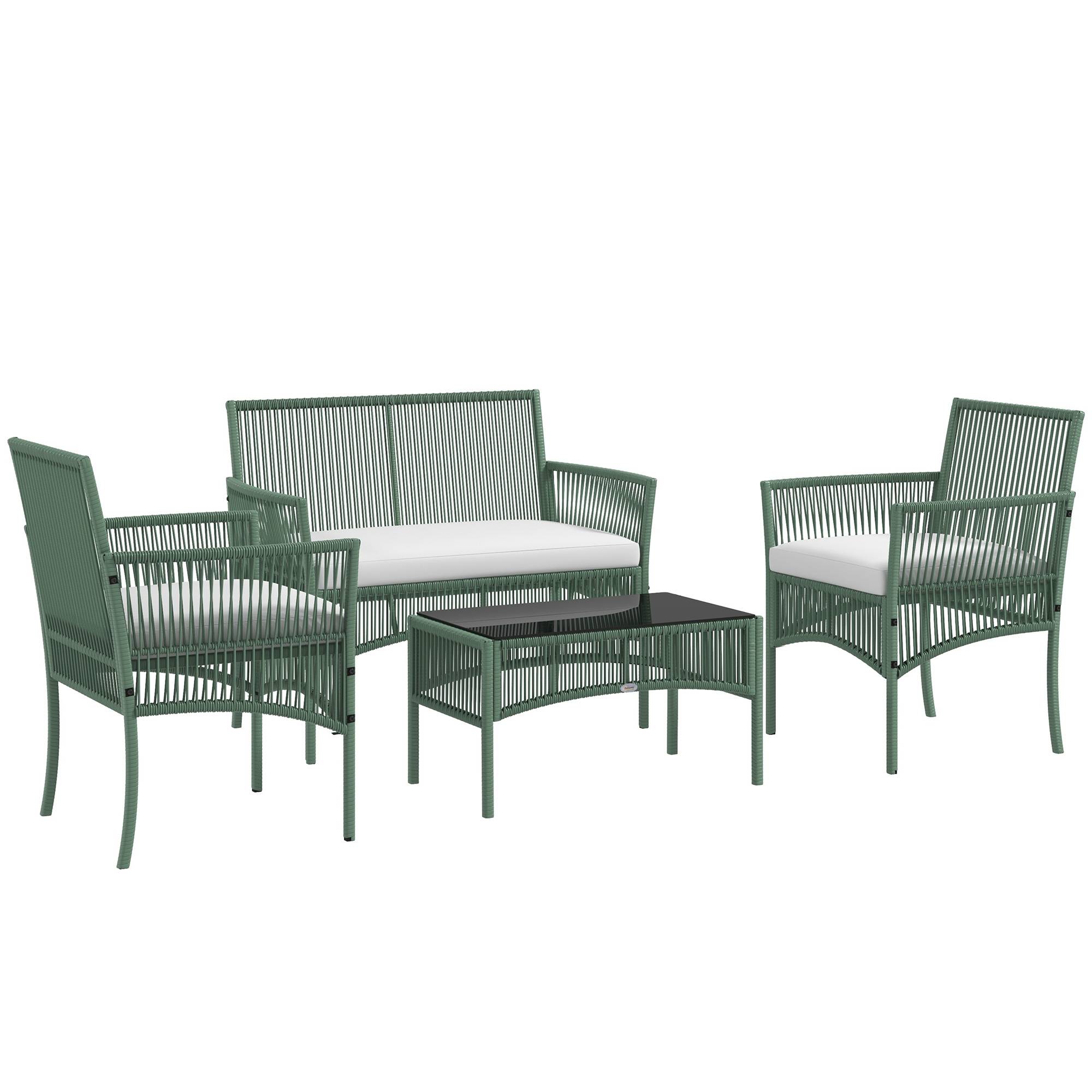 Outsunny - Ensemble salon de jardin 4 pièces (canapé 2 places, 2 fauteuils, table basse plateau verre trempé) métal et rotin PE noir avec 3 coussins - Outsunny - Image 1