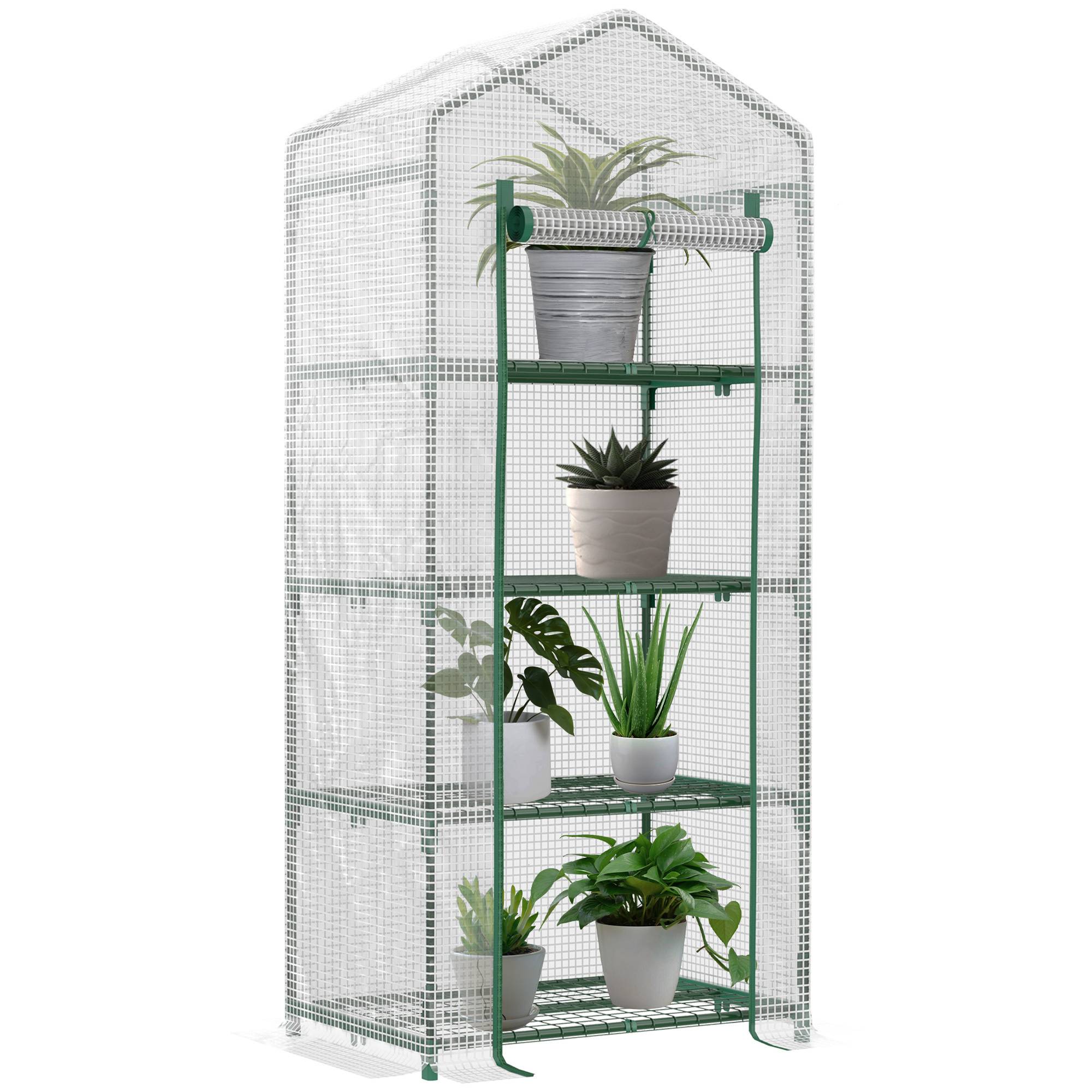 Serre de jardin PE 4 niveaux 70x50x160 cm avec étagères, bâche renforcée 140 g/m², structure acier, porte zippée, blanc - Image 1