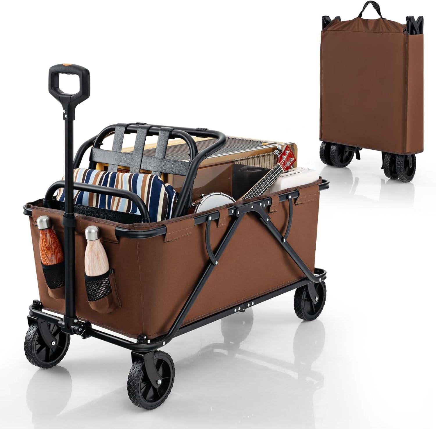 Chariot Utilitaire Pliable Avec Caisses De Rangement à 2 Niveaux 5 Roues Pivotantes Poignee Telescopique En Metal Chariot Portable Noir