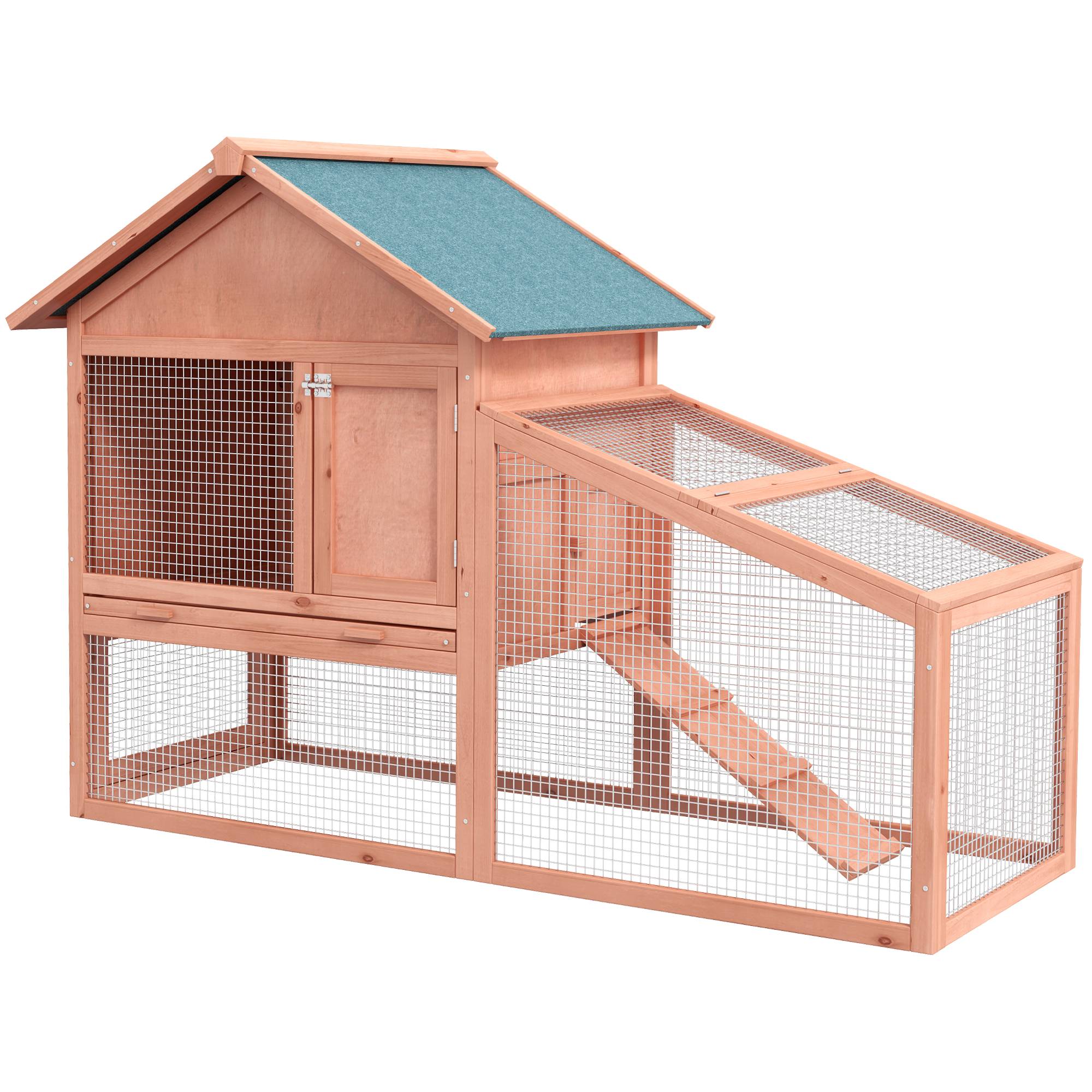 Cage lapins bois 2 étages avec rampe, 144 x 64,5 x 100 cm, toit bitume, hiver, entrées multiples, tiroir - Image 1
