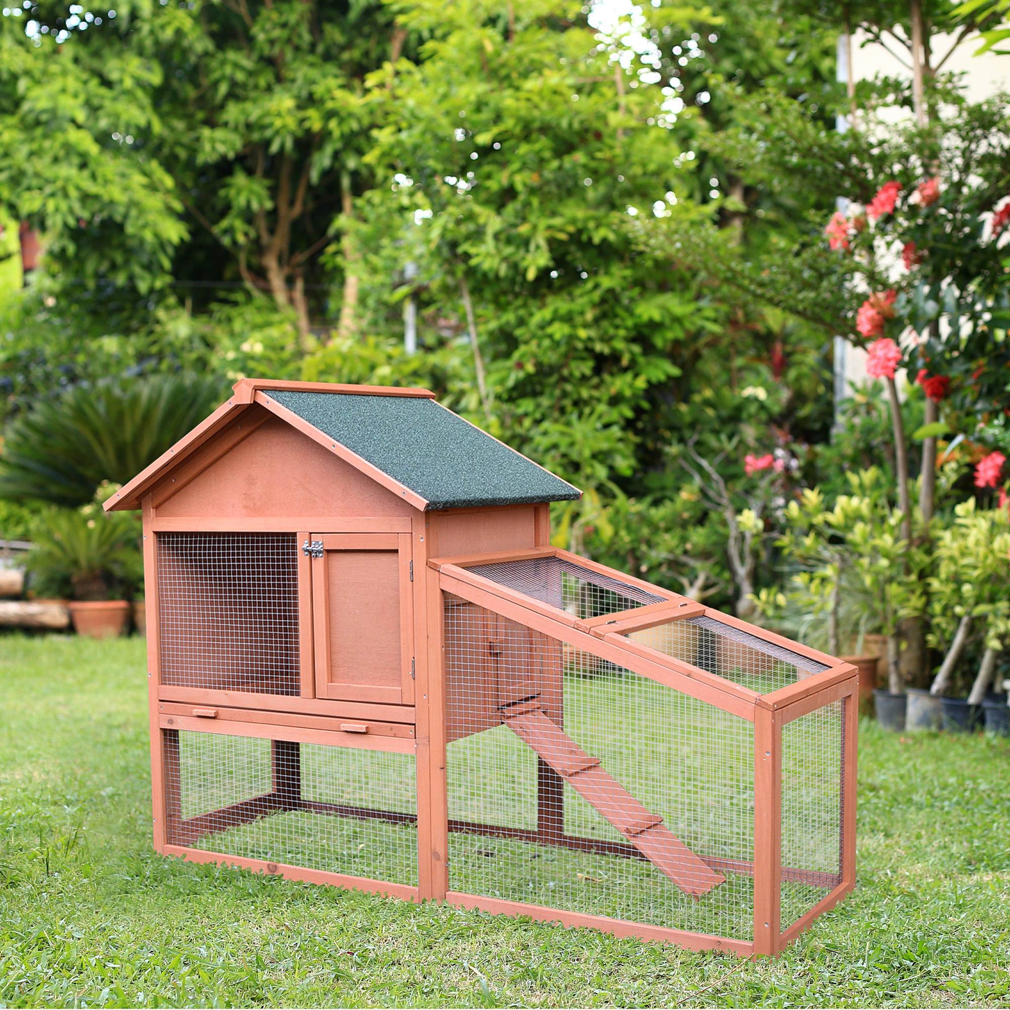 Cage lapins bois 2 étages avec rampe, 144 x 64,5 x 100 cm, toit bitume, hiver, entrées multiples, tiroir - Image 4