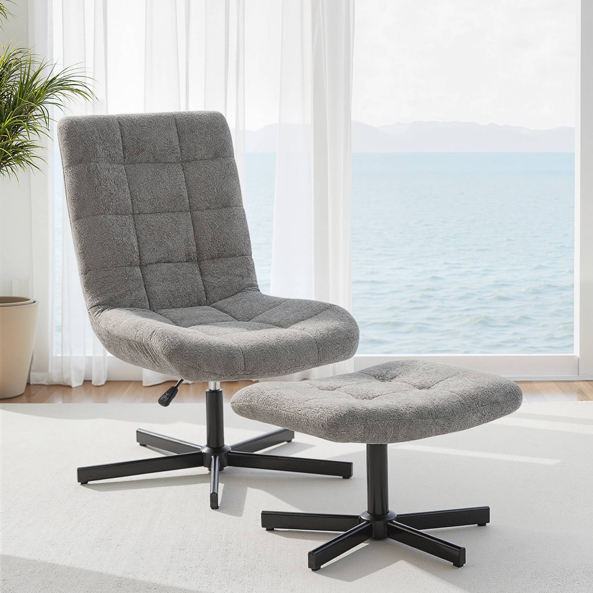 Fauteuil salon avec repose-pieds, chaise pivotante, hauteur réglable, dossier inclinable, 66 x 80 x 93-104 cm, gris - Image 3