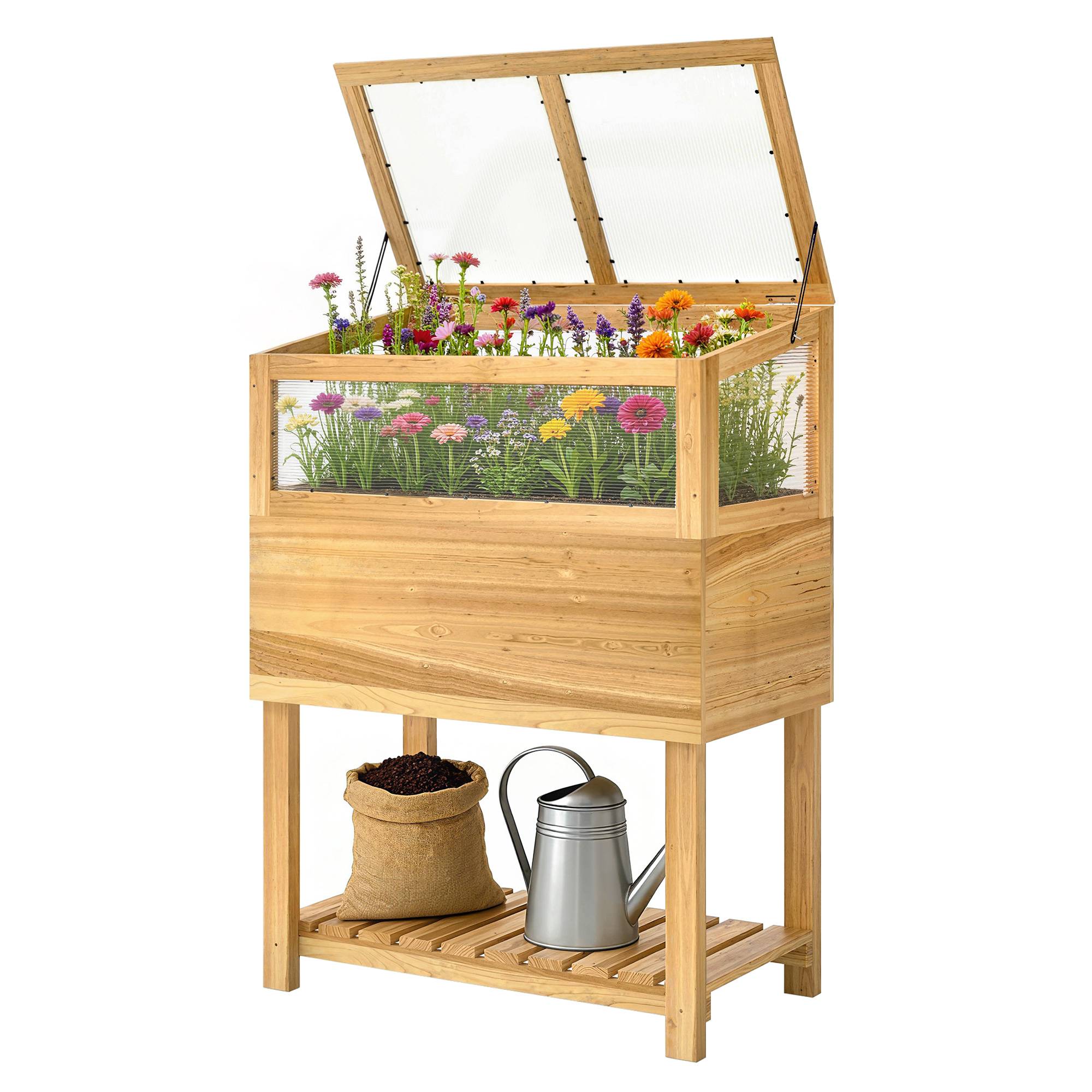 Carré potager sur pied avec serre bois naturel 80 x 45 x 108.5 cm - PANGIVO - Image 2