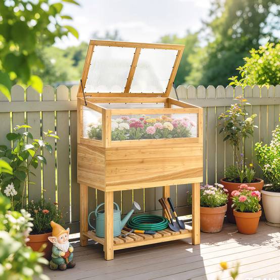 Carré potager sur pied avec serre bois naturel 80 x 45 x 108.5 cm - PANGIVO - Image 3