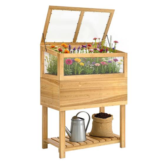 Carré potager sur pied avec serre bois naturel 80 x 45 x 108.5 cm - PANGIVO - Image 1