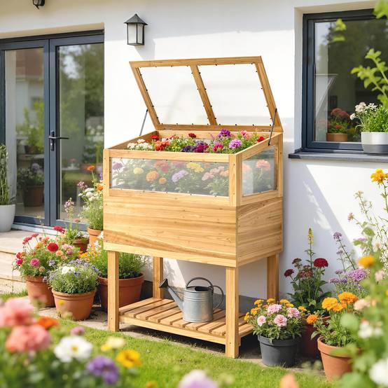 Carré potager sur pied avec serre bois naturel 80 x 45 x 108.5 cm - PANGIVO - Image 4