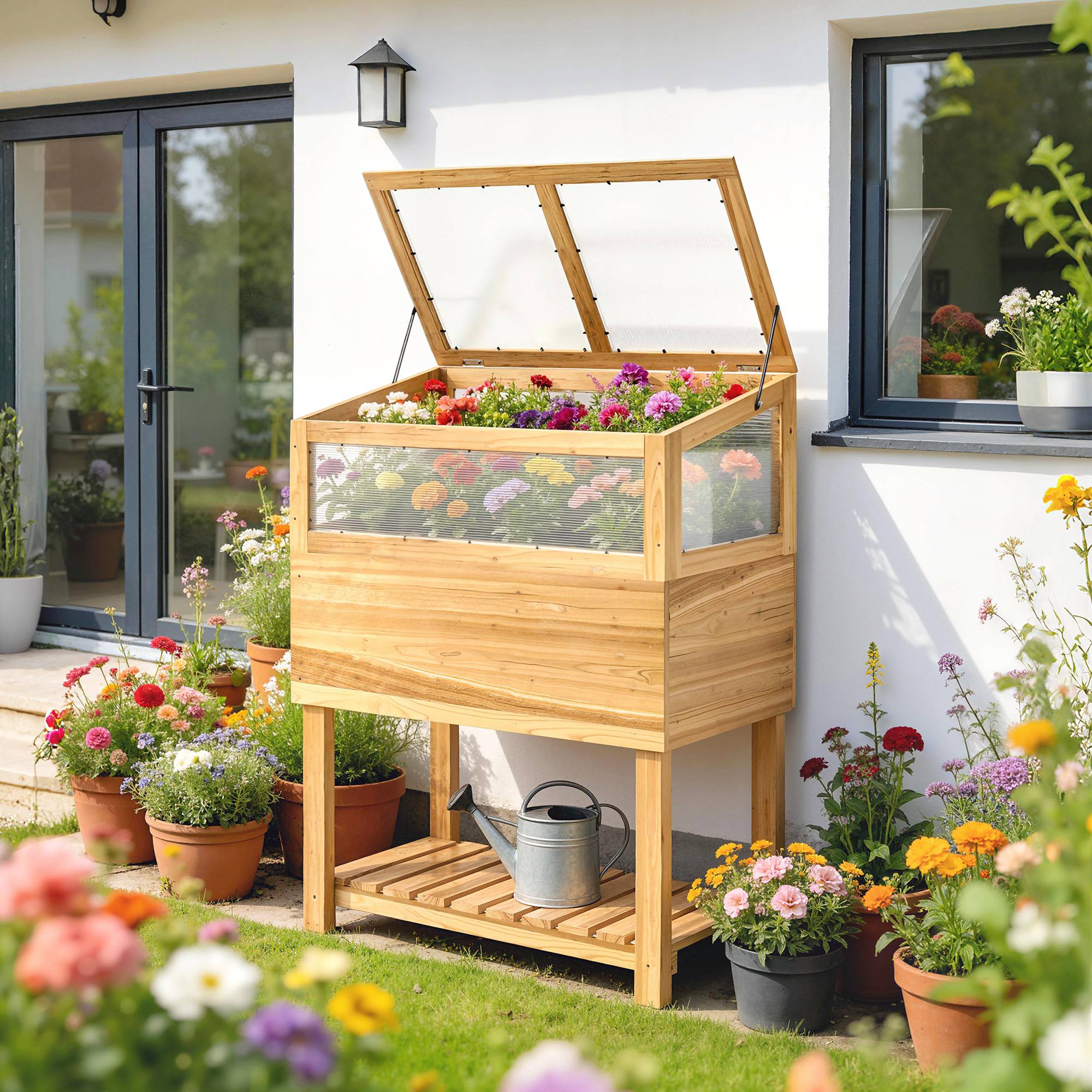 Carré potager sur pied avec serre bois naturel 80 x 45 x 108.5 cm - PANGIVO - Image 4