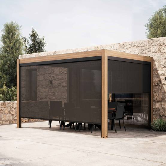Oviala - Pergola bioclimatique autoportée 3x4 m et 2 stores bois gris Athenes - Oviala - Image 1