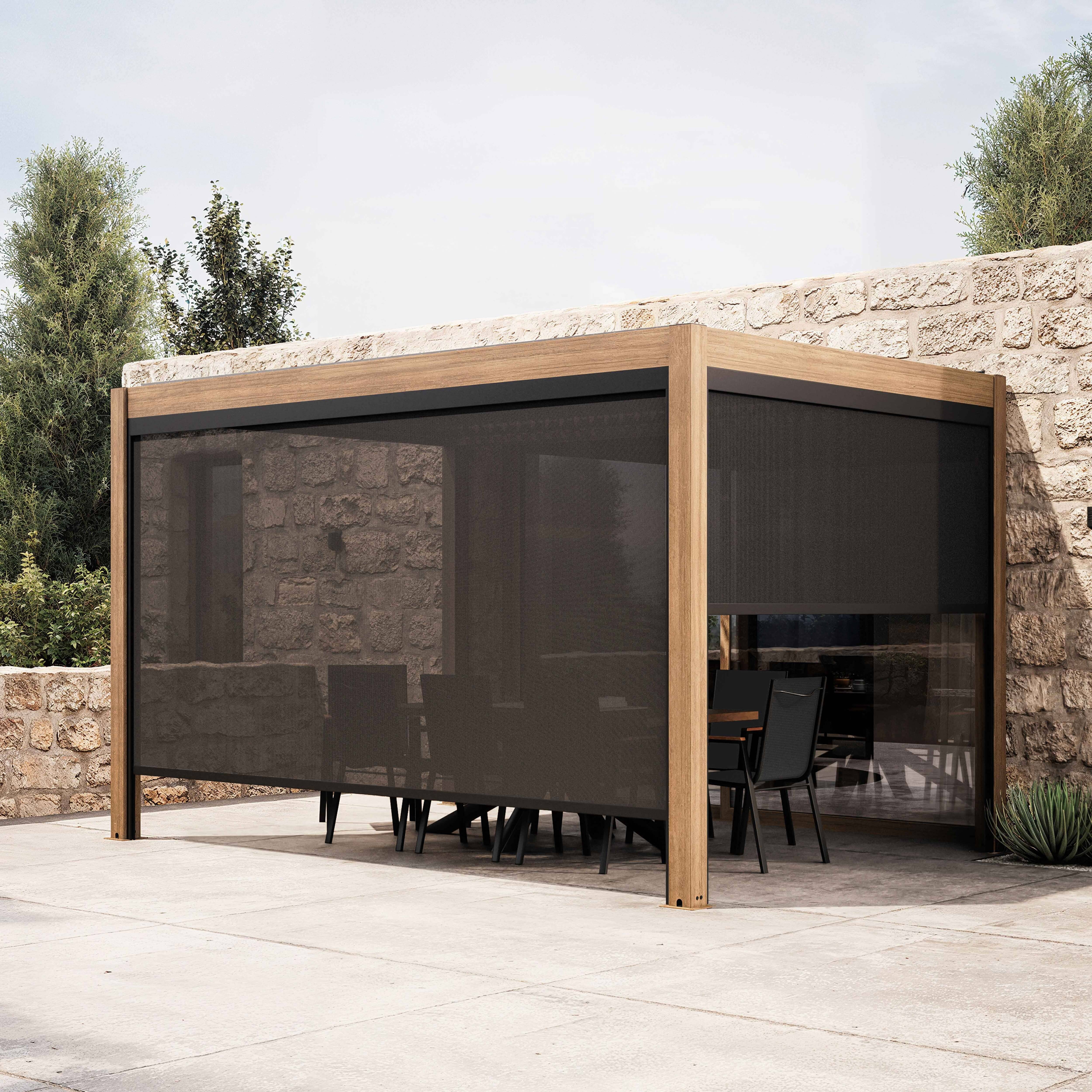 Oviala - Pergola bioclimatique autoportée 3x4 m et 2 stores bois gris Athenes - Oviala - Image 1
