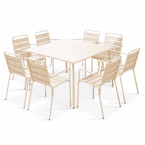 Oviala - Ensemble table de jardin carrée et 8 fauteuils en métal ivoire Palavas - Oviala - Image 1