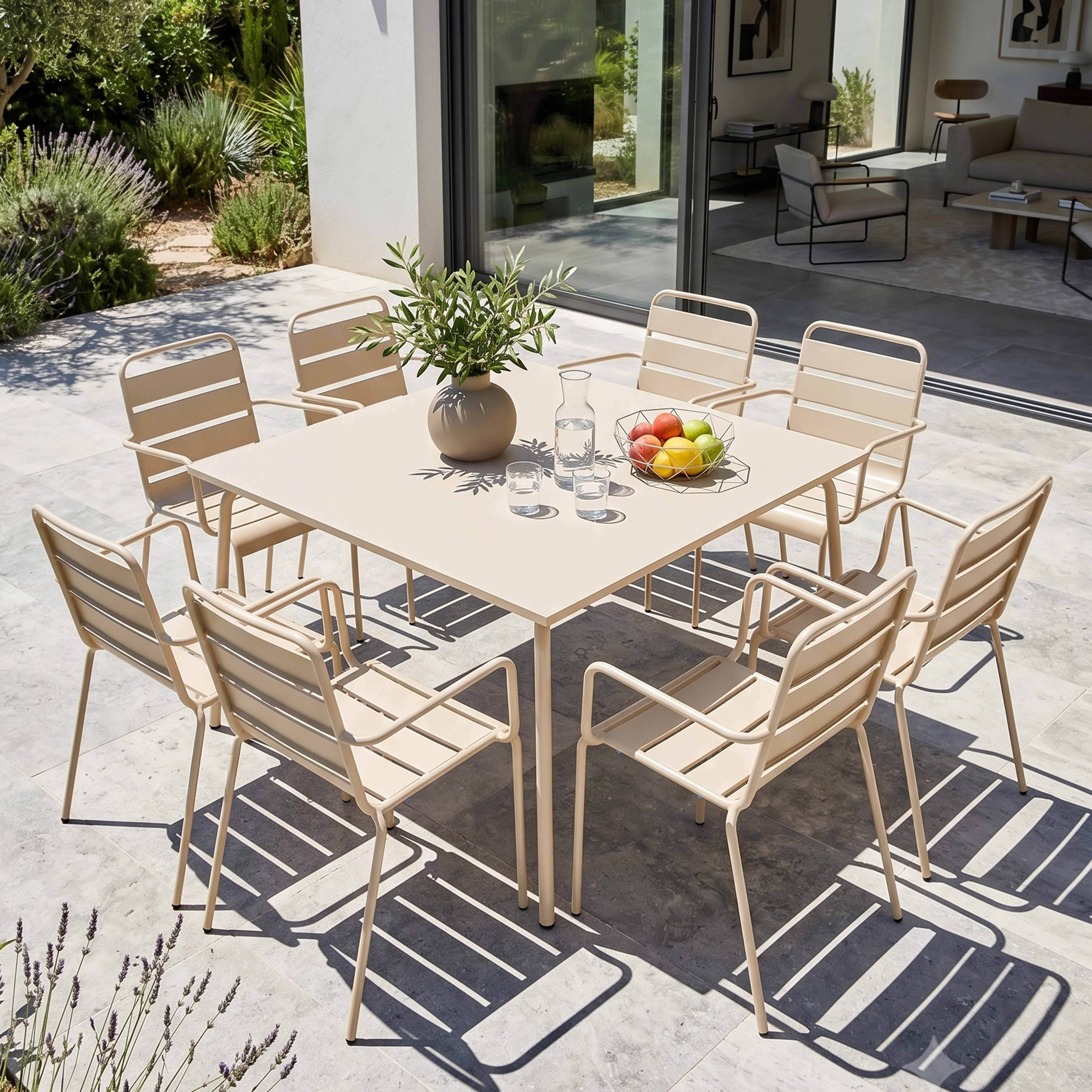 Oviala - Ensemble table de jardin carrée et 8 fauteuils en métal ivoire Palavas - Oviala - Image 2