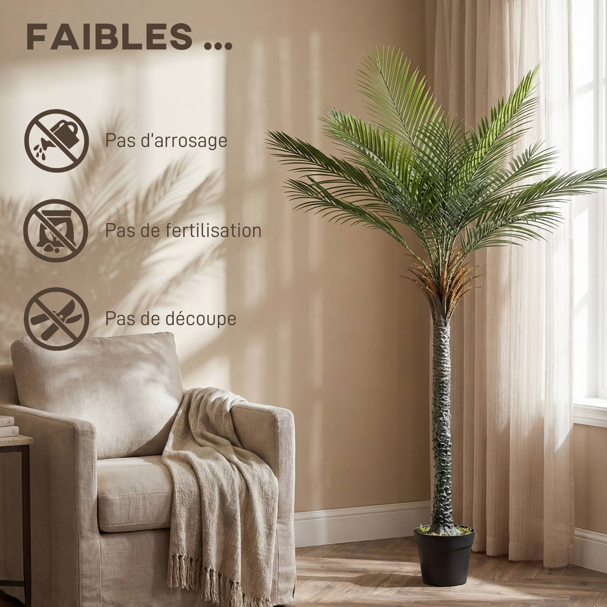 Palmier artificiel 180 cm, plante artificielle tropicale en pot, 15 feuilles réalistes, pour salon, chambre, bureau - Image 8