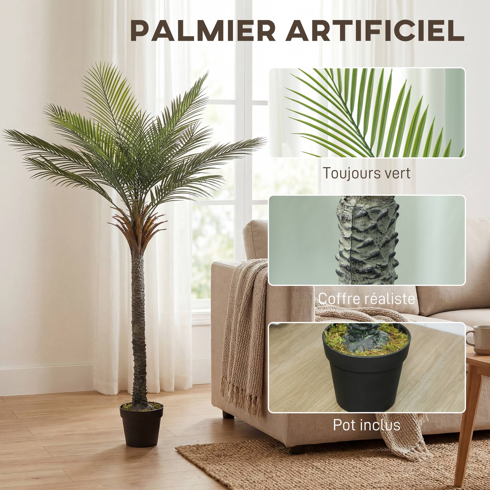 Palmier artificiel 180 cm, plante artificielle tropicale en pot, 15 feuilles réalistes, pour salon, chambre, bureau - Image 6