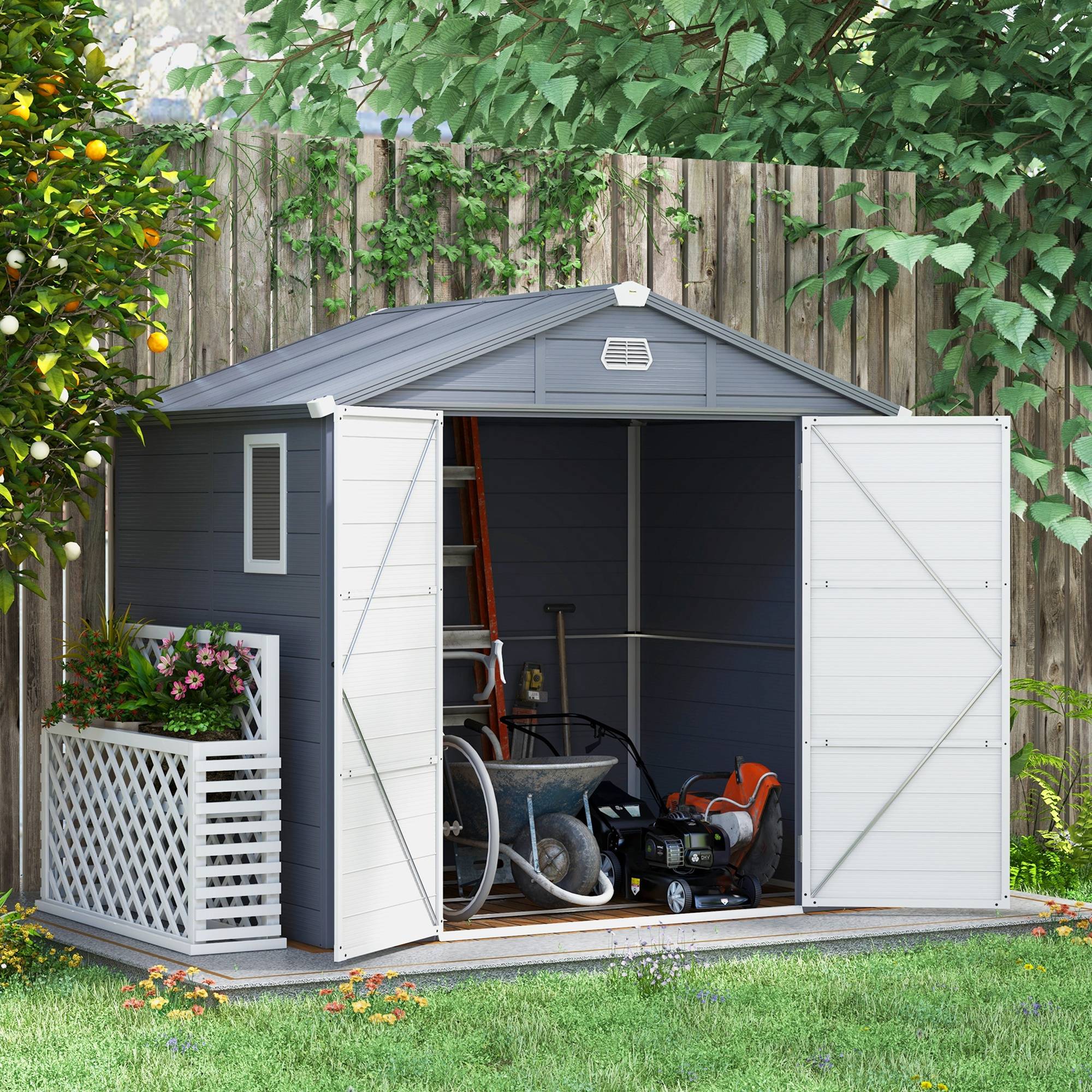 Abri de jardin résine pour extérieur rangement outils et vélos 240x190cm gris - ComfortXL Outdoor Living