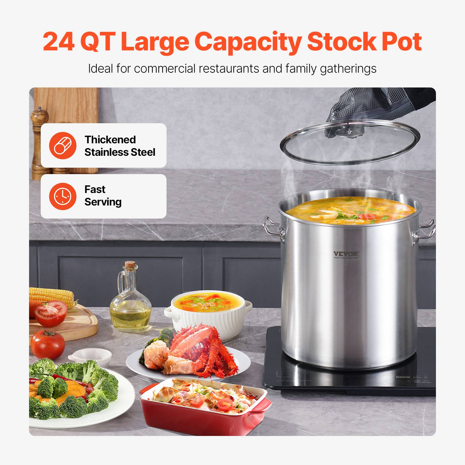 VEVOR Marmite acier inox 22.7L, couvercle, poignée, qualité commerciale, argent. - Image 2