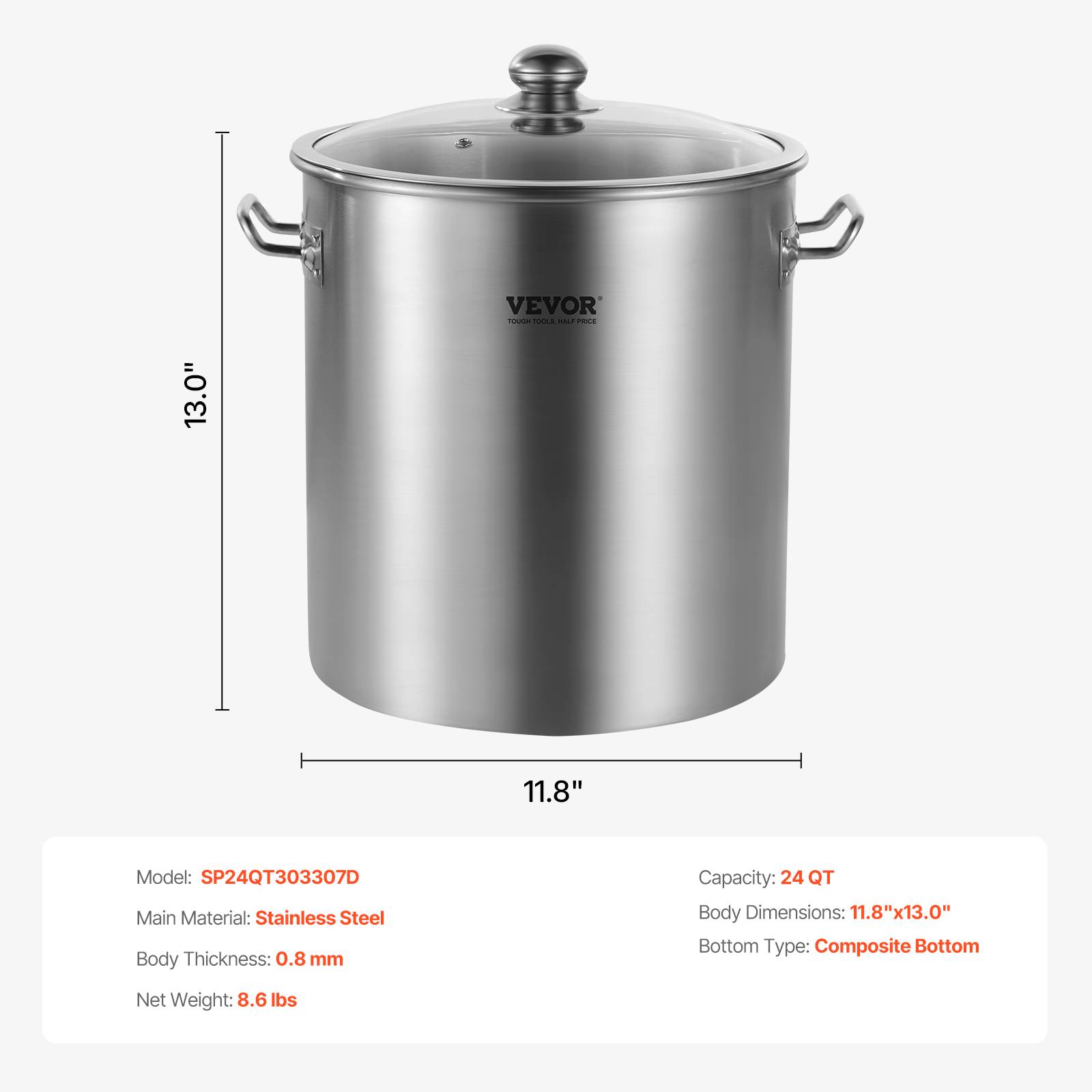 VEVOR Marmite acier inox 22.7L, couvercle, poignée, qualité commerciale, argent. - Image 7