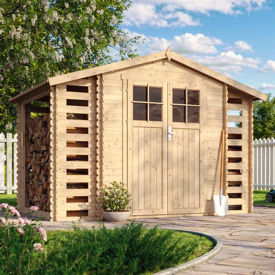 Timbela - Abri de jardin en bois et range bûches extérieur I206xL328xH218 cm/ 3,53+0,97+0,97 m² - 19 mm d’épaisseur - Timbela M391F - Image 1