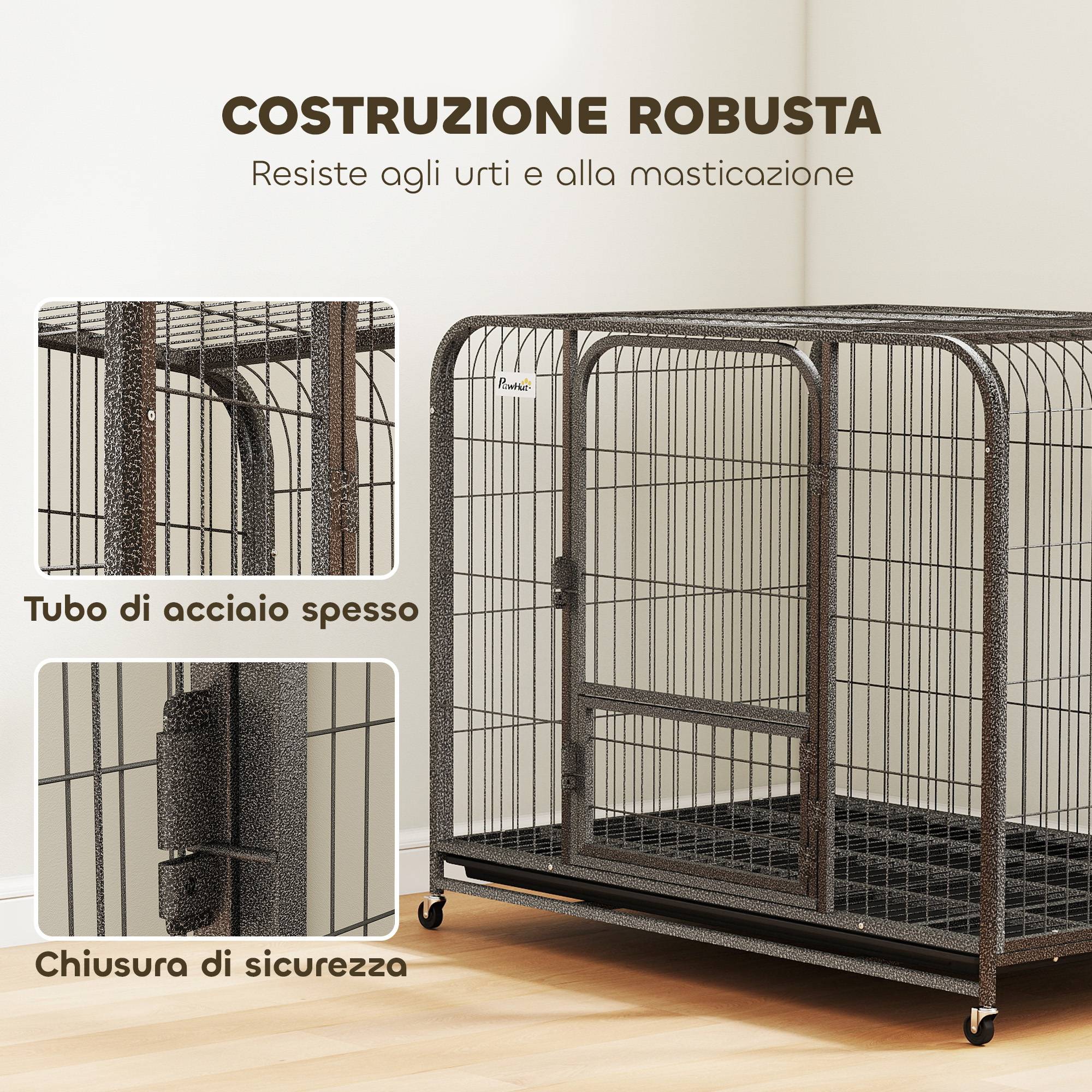 Cage pour chien en acier avec roulettes, 3 portes, plateau amovible et verrouillage sécurisé, noire - Image 6